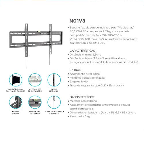 Suporte para TV Fixo de Parede - Para TVs gigantes 39" a 99" - ELG ...