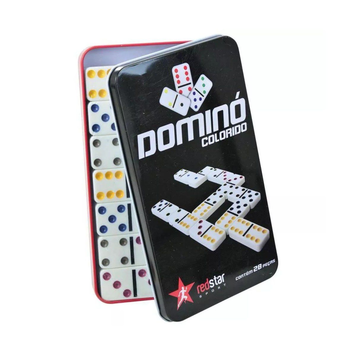 Jogo de domino colorido na lata barcelona 28 pecas