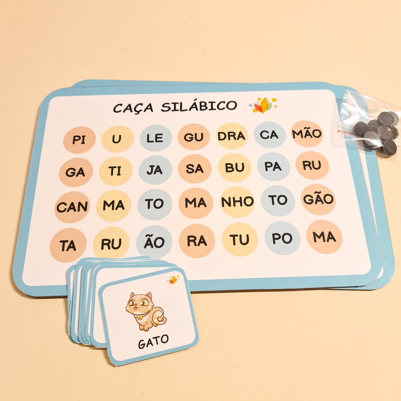 Caça Sílabas Simples  Jogo pedagógico 20 cartas + 1 prancha