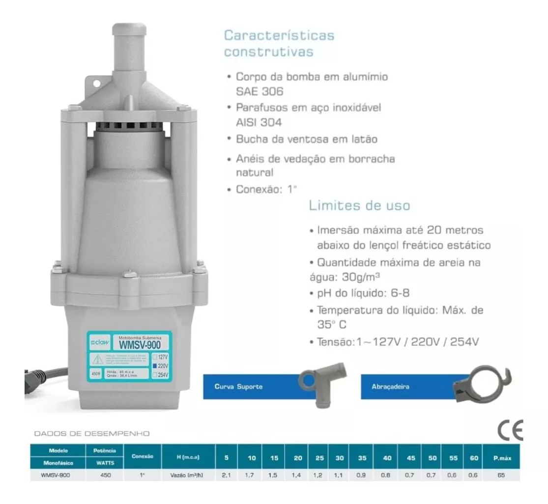Bomba Submersível Vibratória Claw Wmsv-900 Monofásica 220Volts 0,6Cv ...