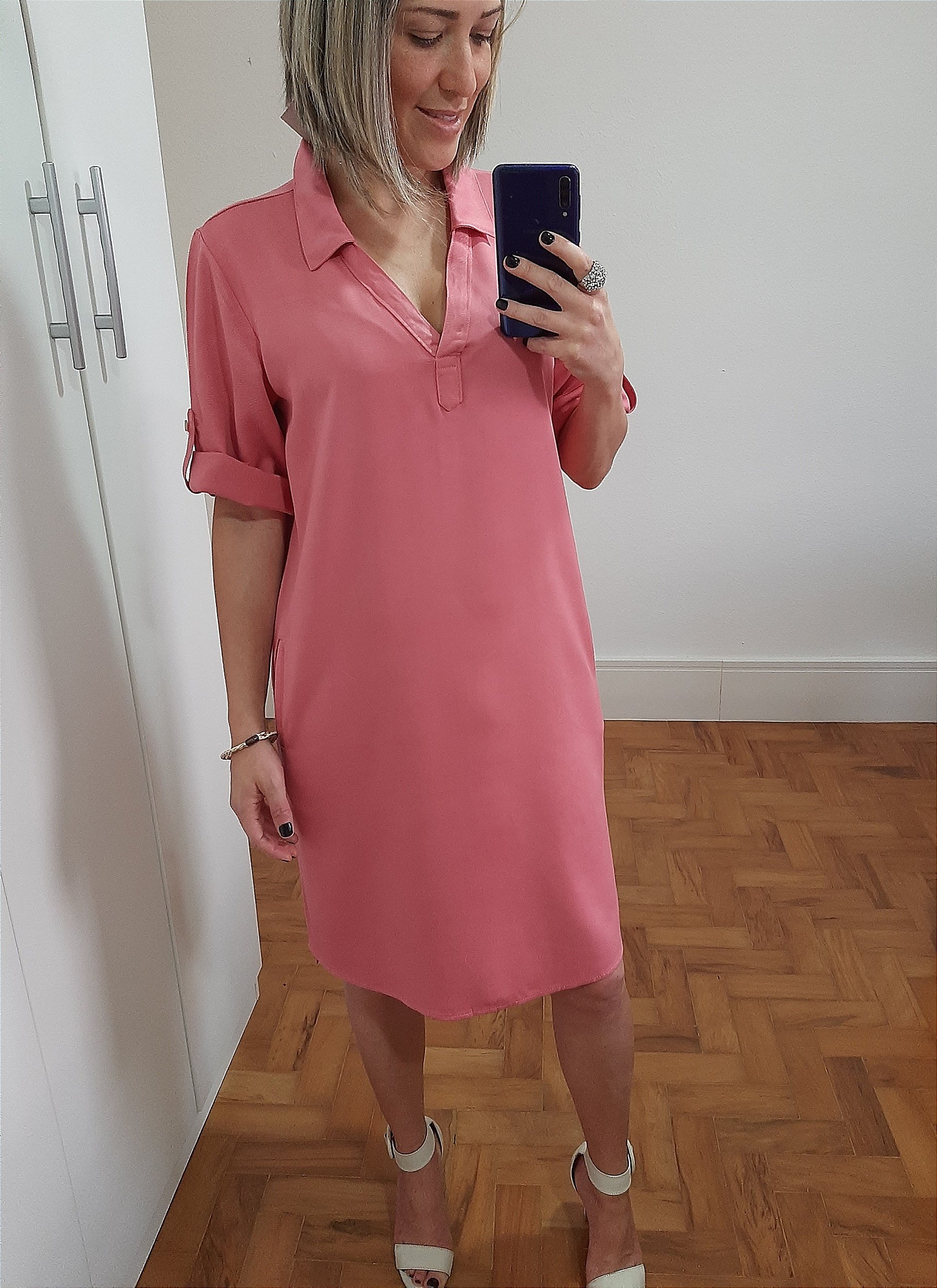Vestido Feminino Chemise Rosa com Bolsos - MalúCris Boutique