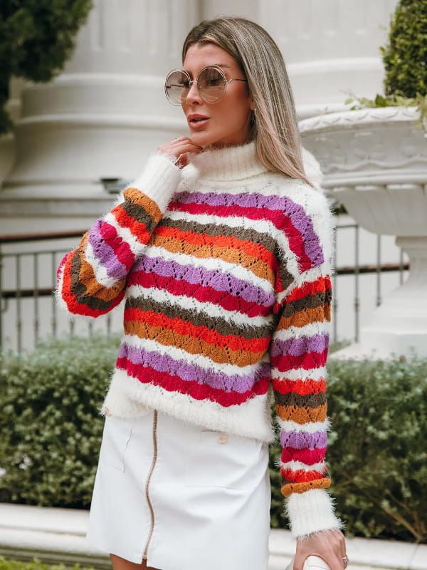 Blusa de tricot feminina listrada com pelinhos - Donna Modelli