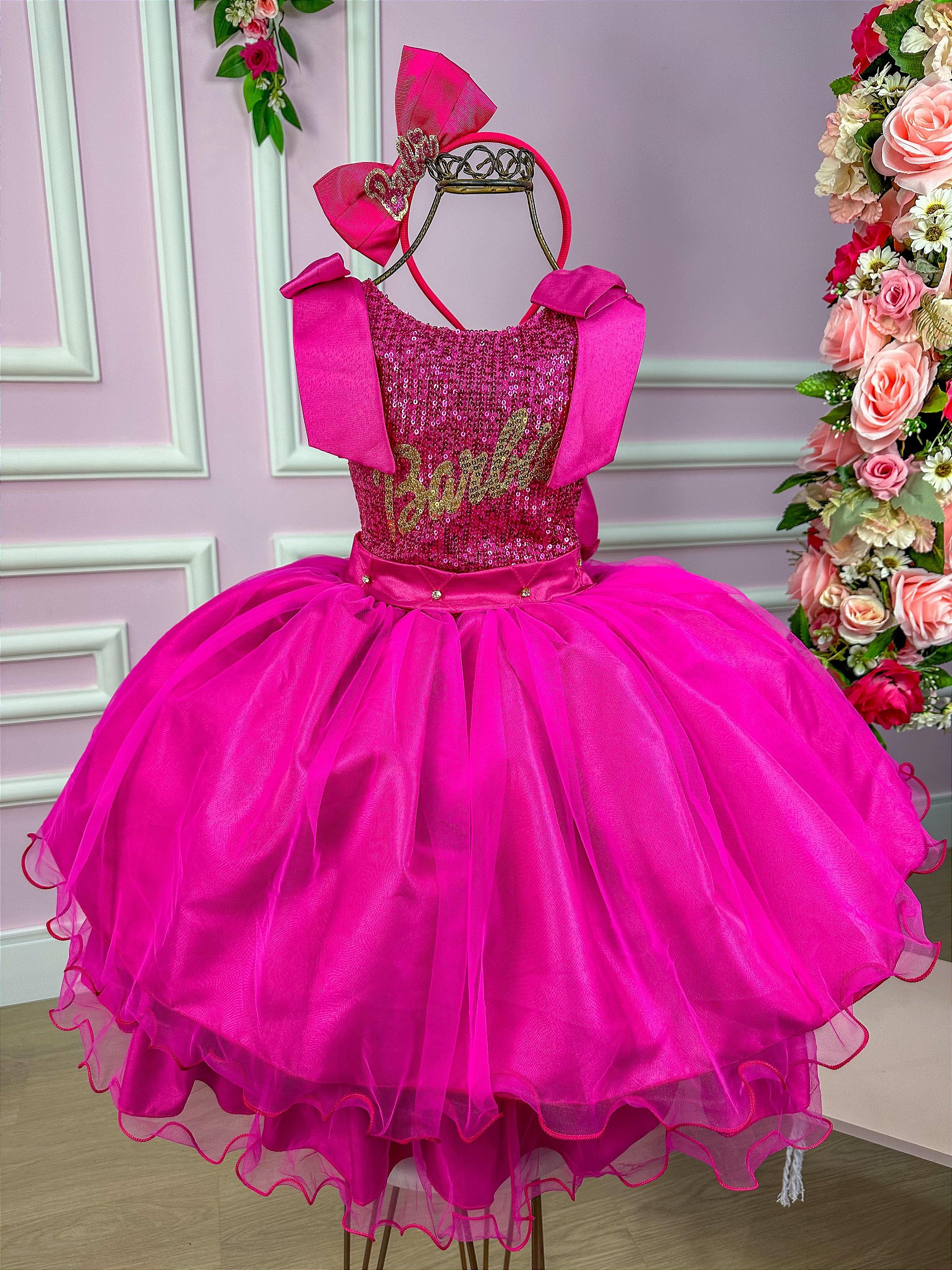 Vestido Infantil Princesa Barbie Com Laço e Glitter - Rosa