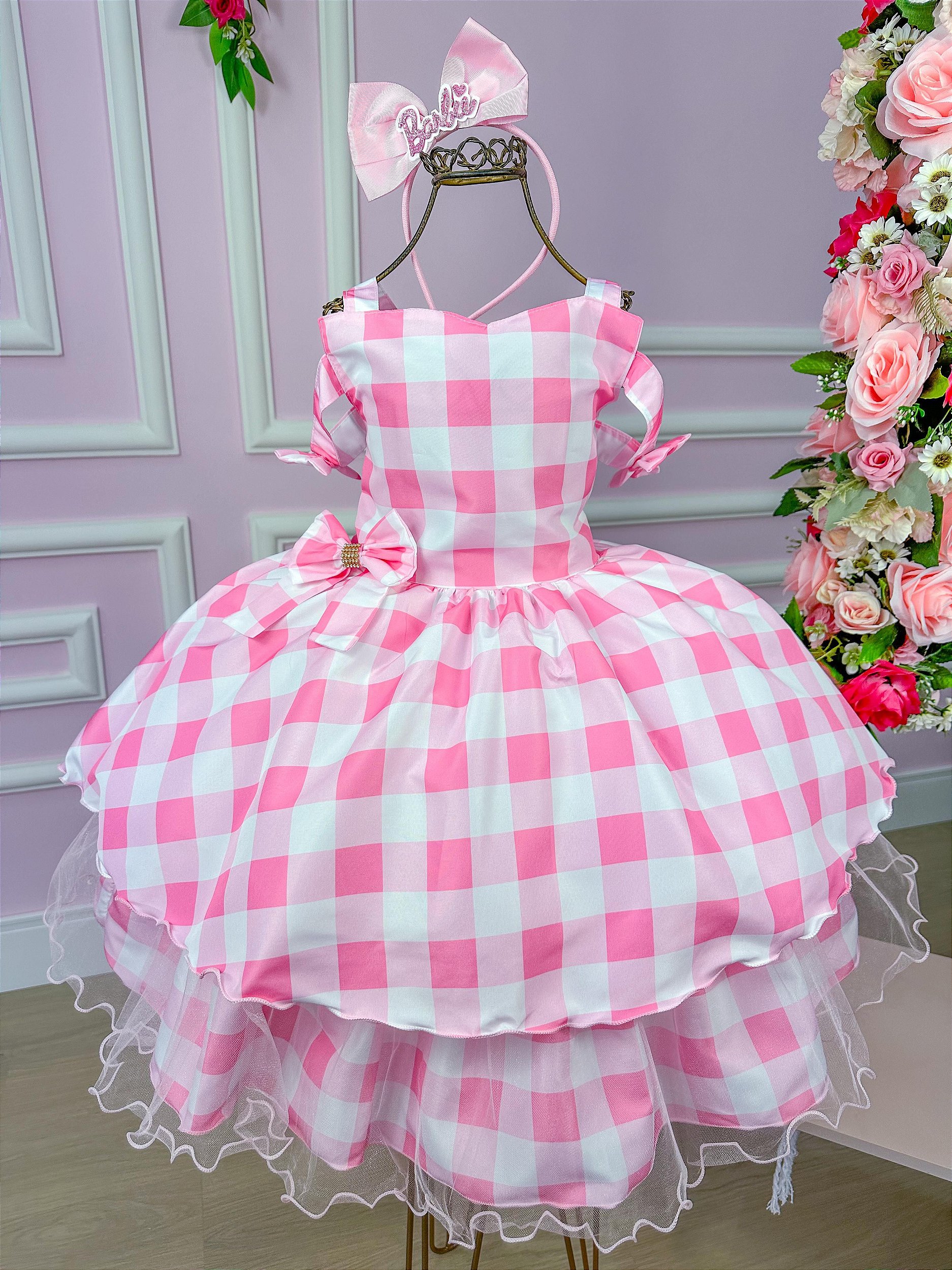 Vestido de princesa xadrez para meninas, Barbie Cosplay infantil