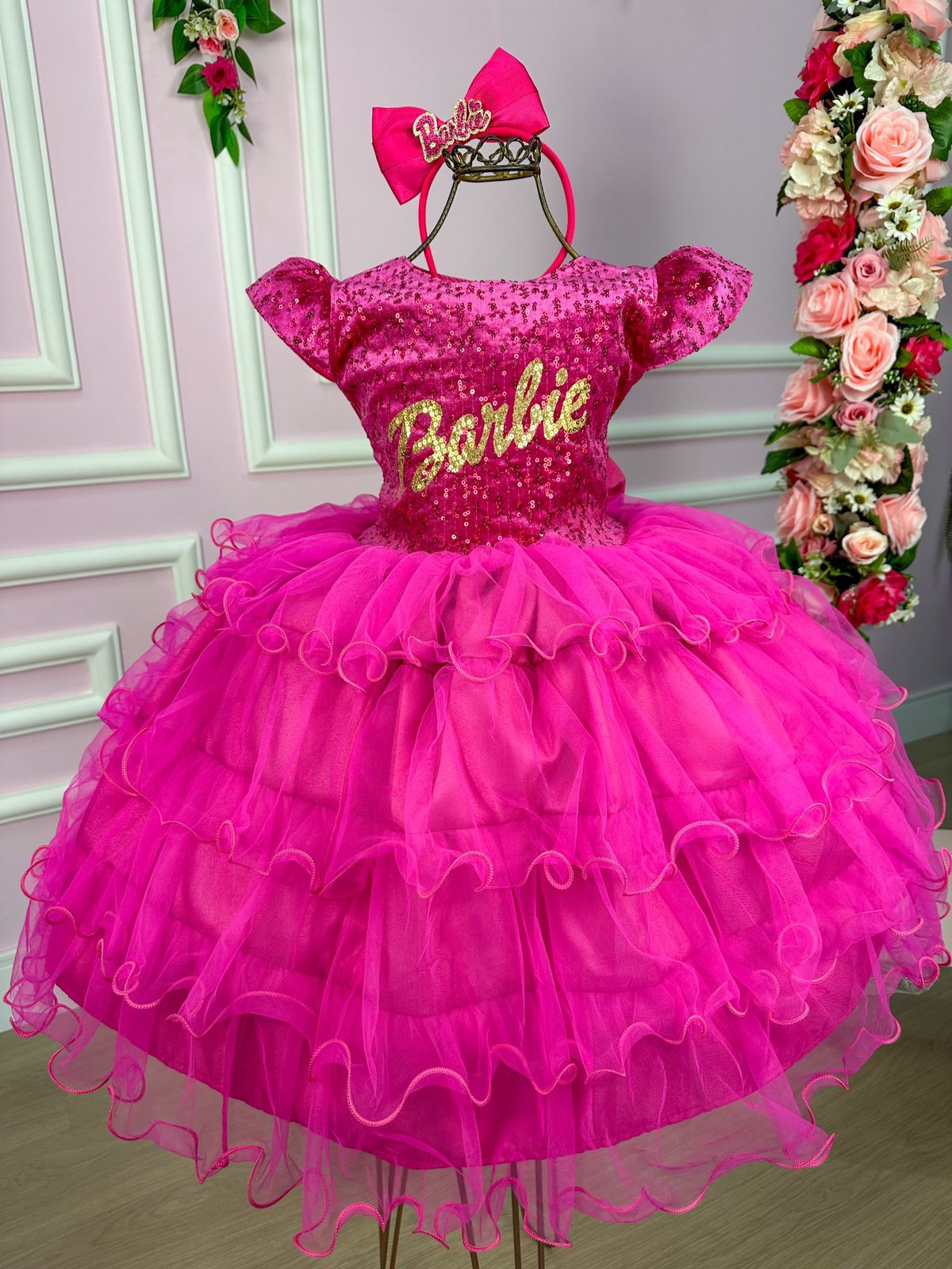 Vestido Infantil Princesa Barbie Com Laço e Glitter - Rosa