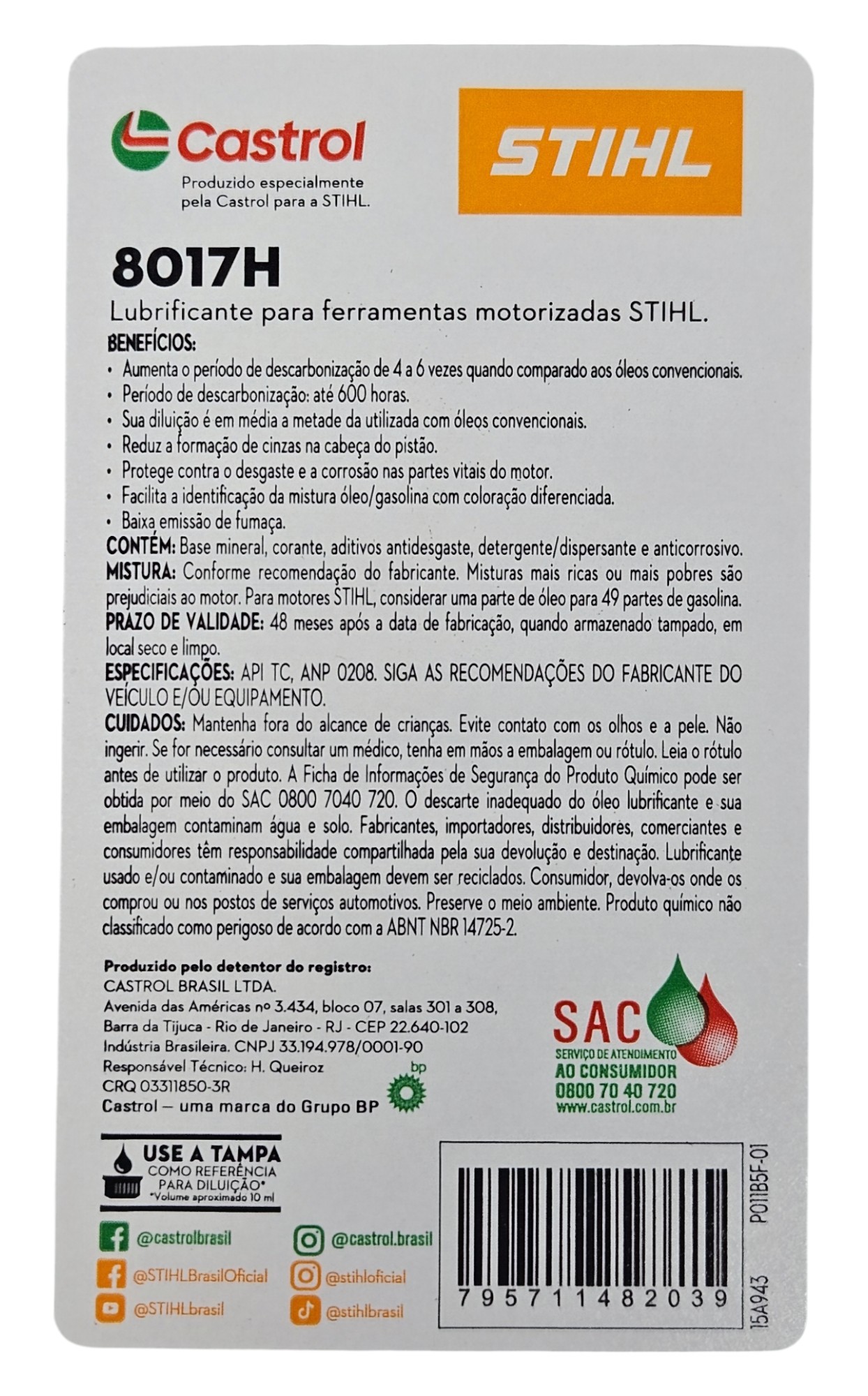 Oleo Lubrificante Stihl 2 Tempos 8017 H - 500mL - KIMOTOR