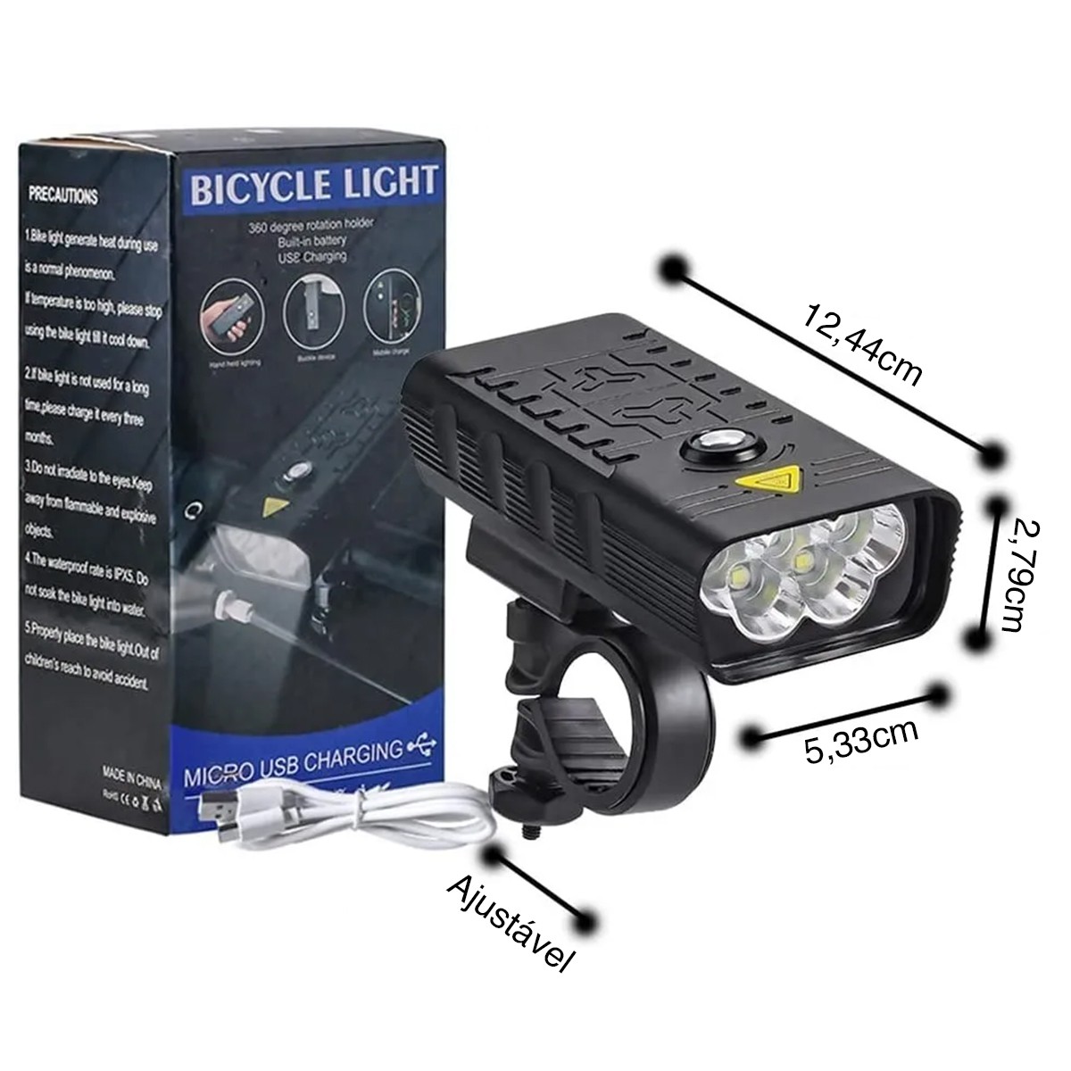 Farol para Bike 5 Leds Cree Lorben T6 Alumínio Power Bank 10000mah
