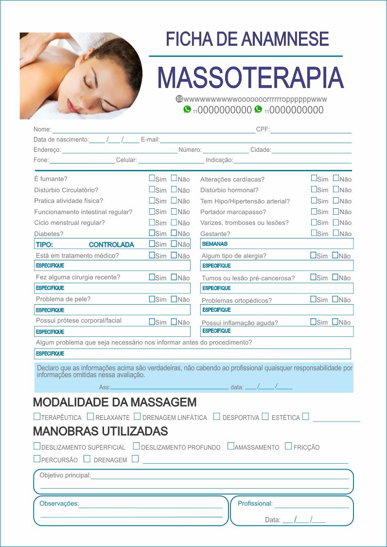 Bloco Anamnese Para Massoterapia Profissional Ficha Completa