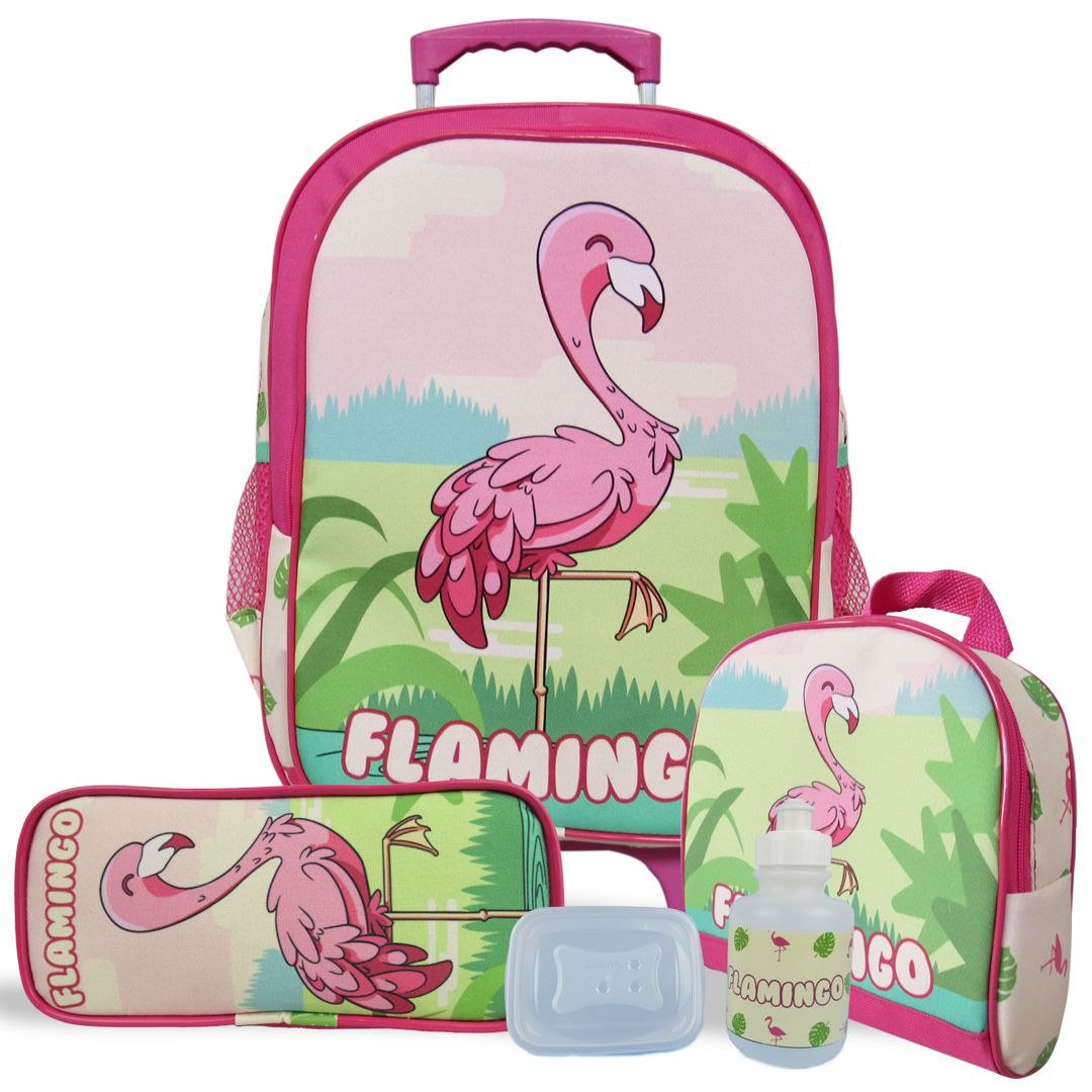Kit Mochila Escolar Infantil Tam G de Rodinhas Flamingo - Mac