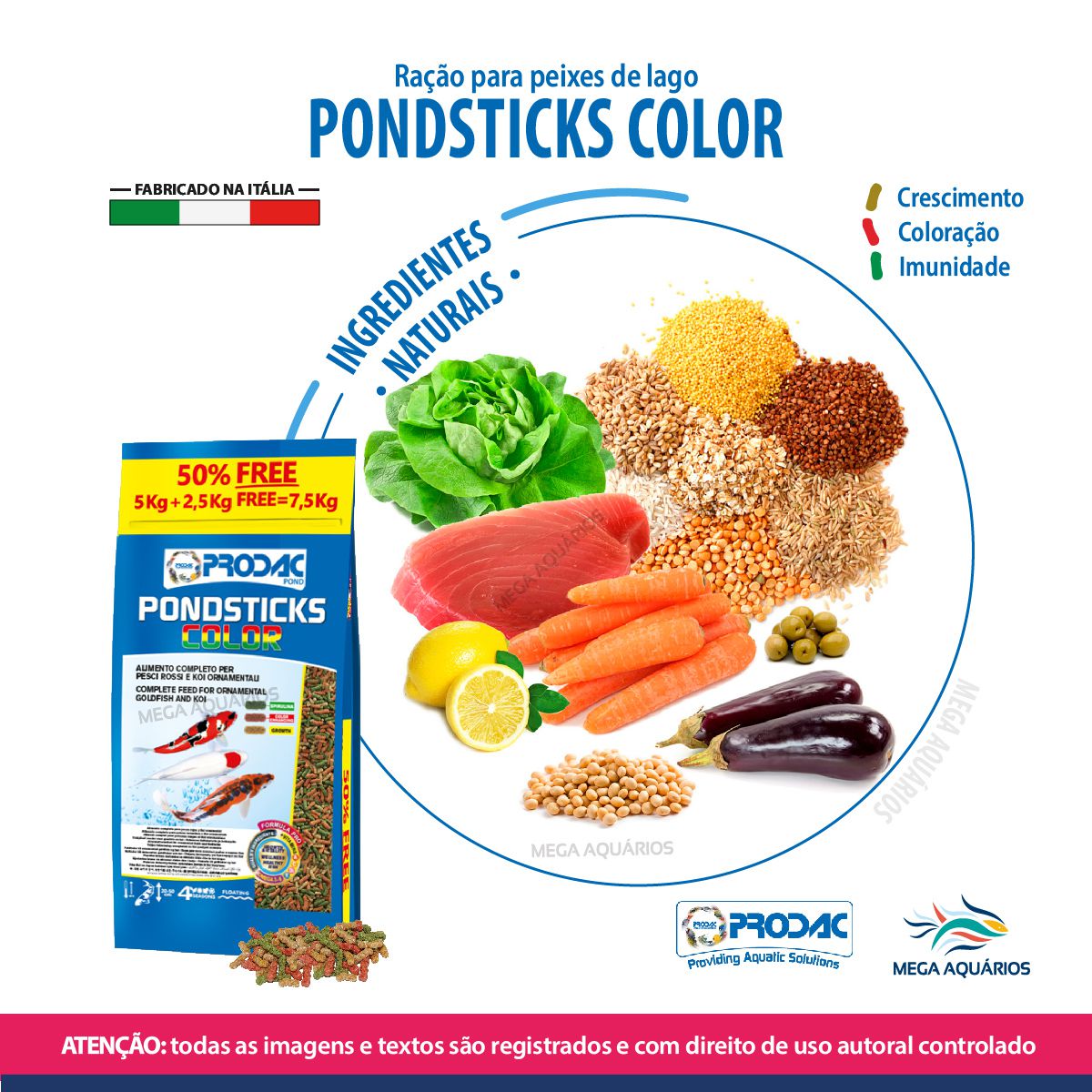 Ração peixes de lago Prodac PondSticks Color 7,5kg carpas - Mega Aquários