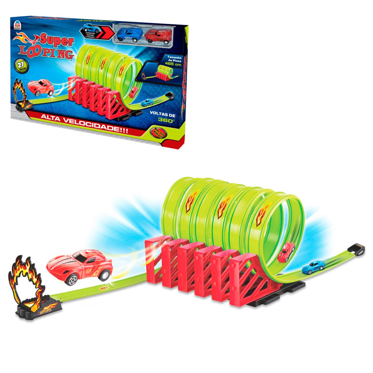 Pista de Carrinhos Super Duplo Looping 360 com Luz e 2 Carrinhos e