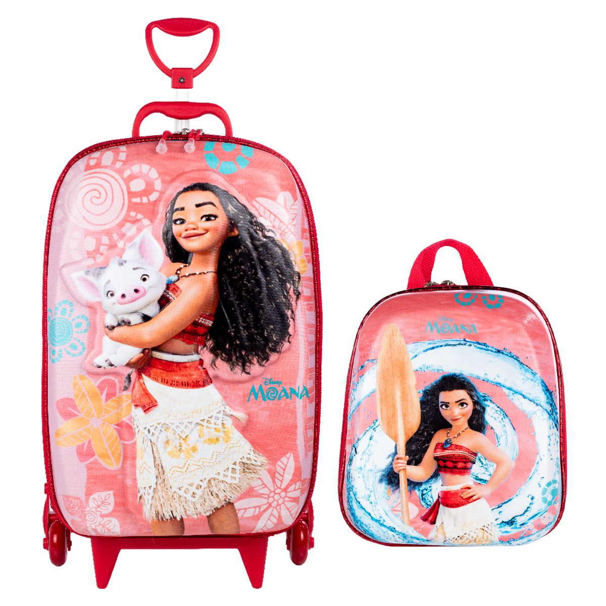 Kit Mochila 3D de Rodinhas + Lancheira Princesa Moana Rosa - Shop Macrozao