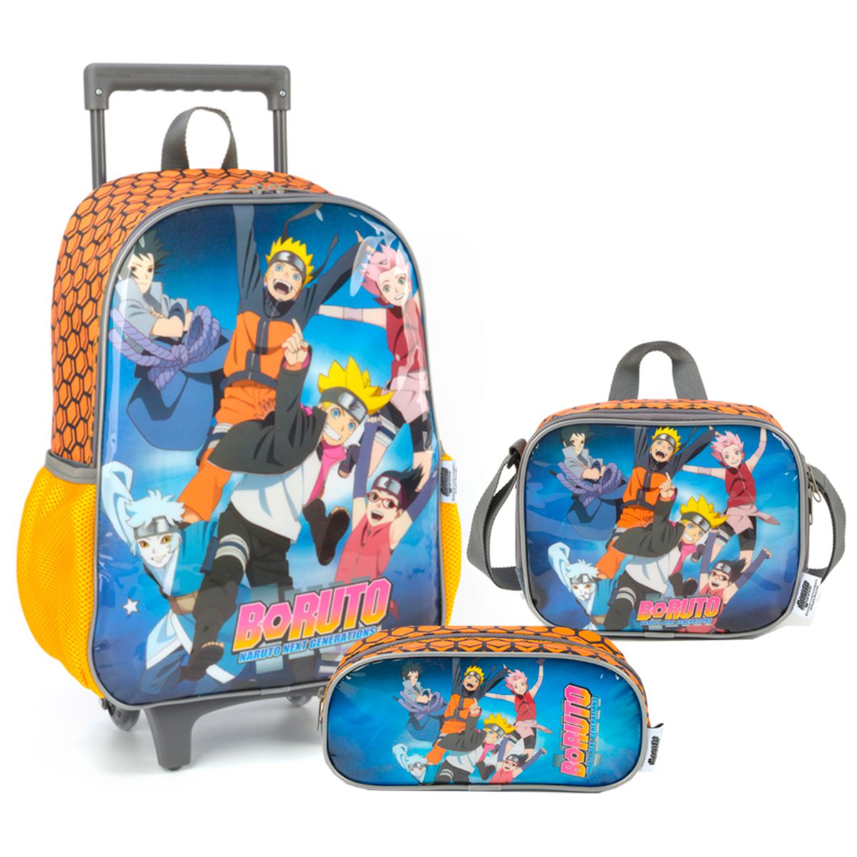 Kit Mochila De Rodinhas Grande Menino Naruto Aula + Toalha