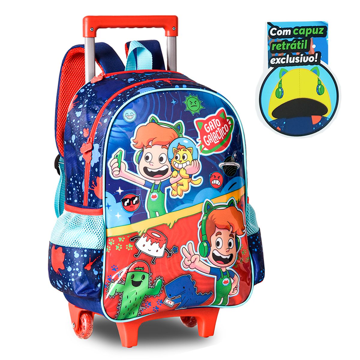 Mochila Infantil Escolar Costas Gato Galáctico Capuz Menino