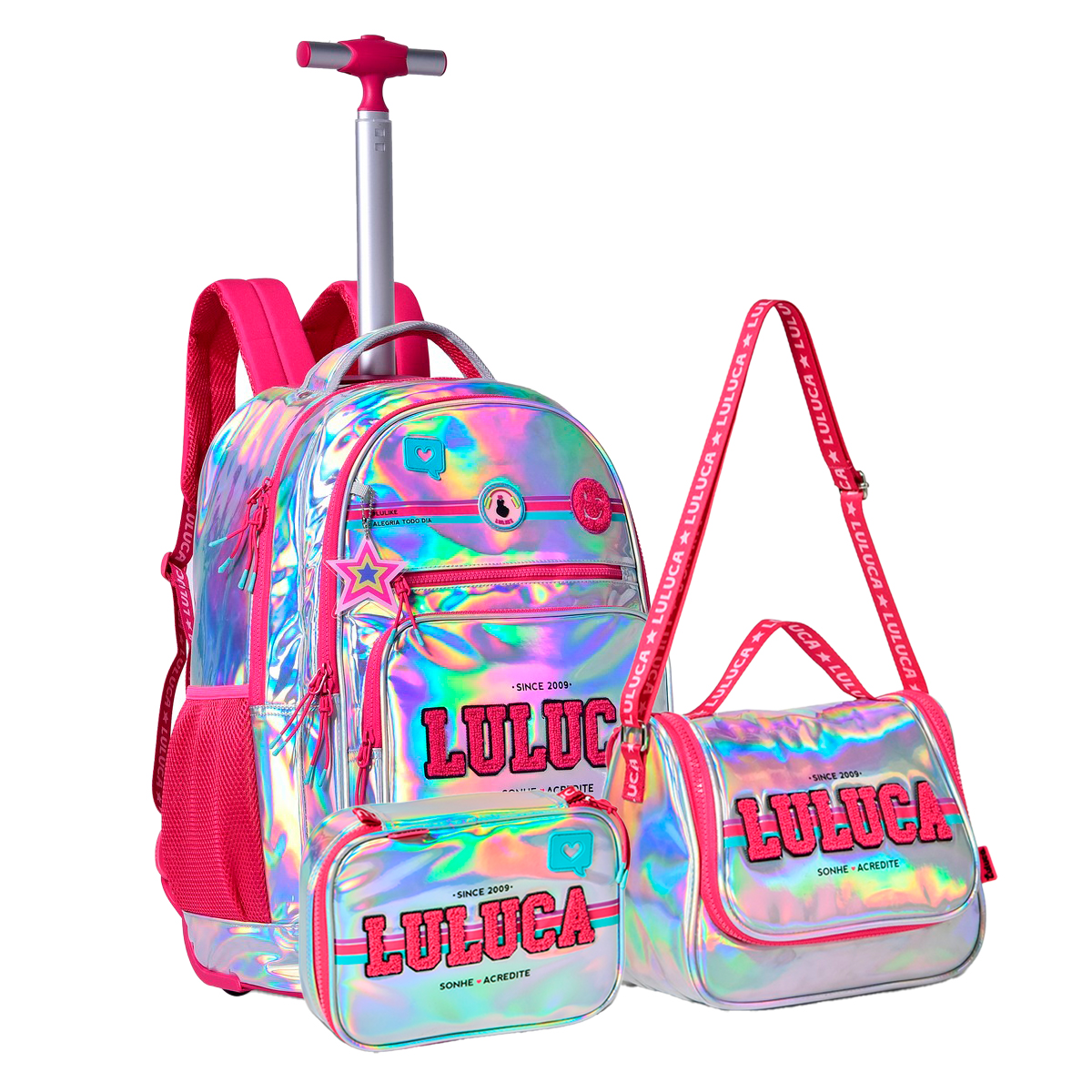 Mochila Rodinhas Luluca Holográfica + Lancheira + Estojo Box - Shop Macrozao