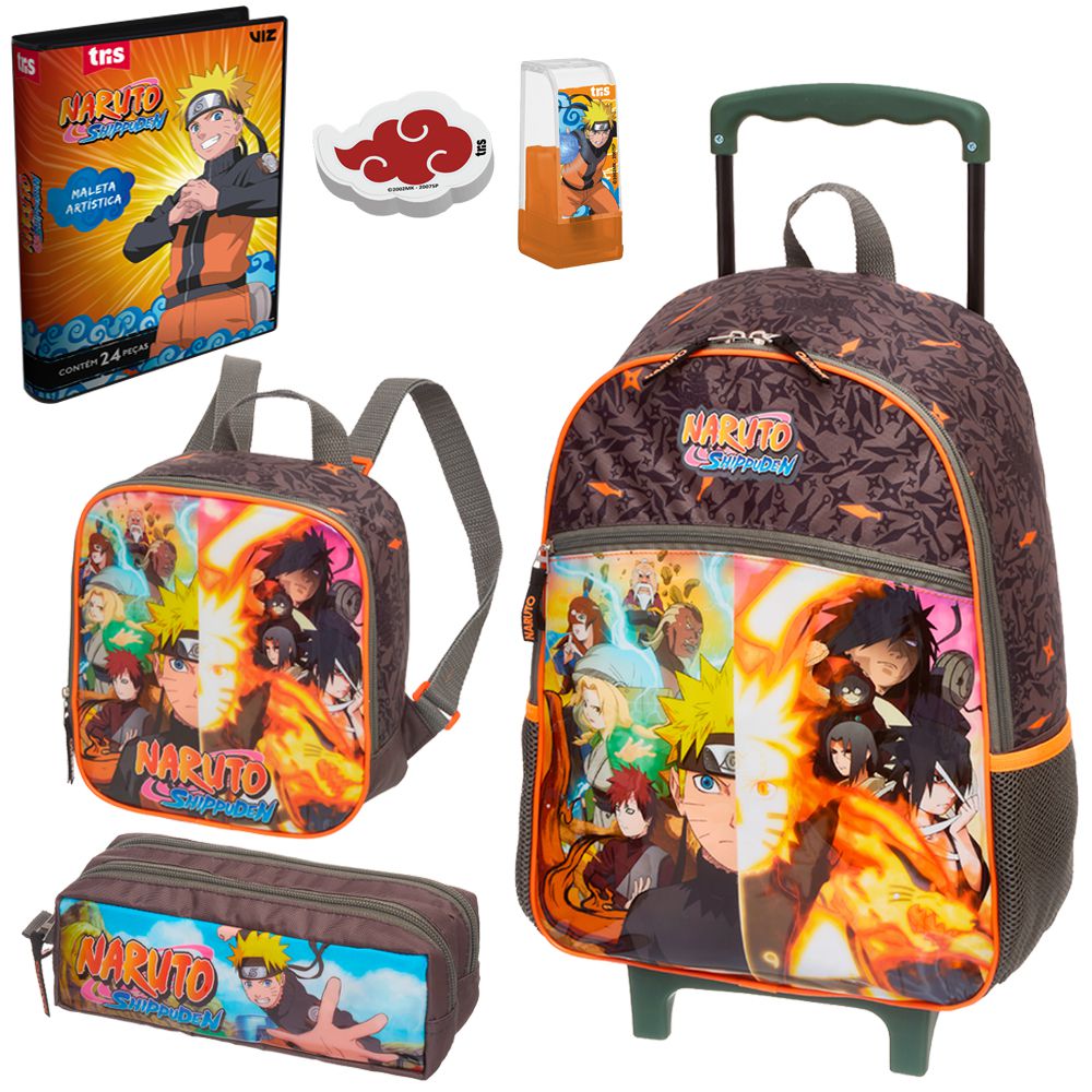 Kit Mochila Escolar Boruto Naruto Infantil de Carrinho Rodinhas