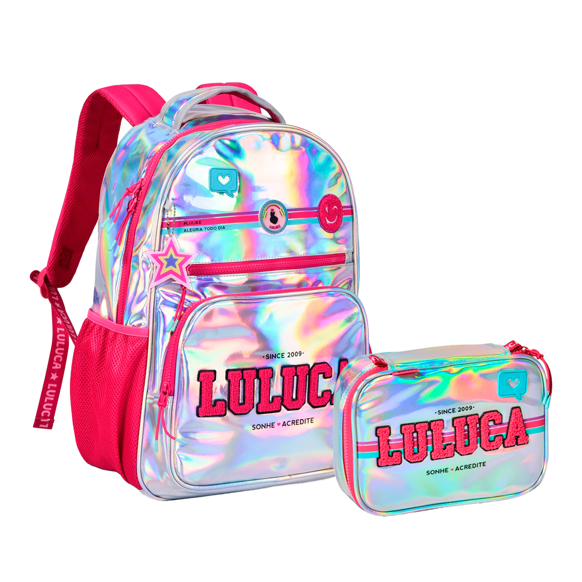 Comprar Conjunto Mochila Escolar holográfica Luluca + Estojo + Lancheira -  Brinquedos Para Crianças