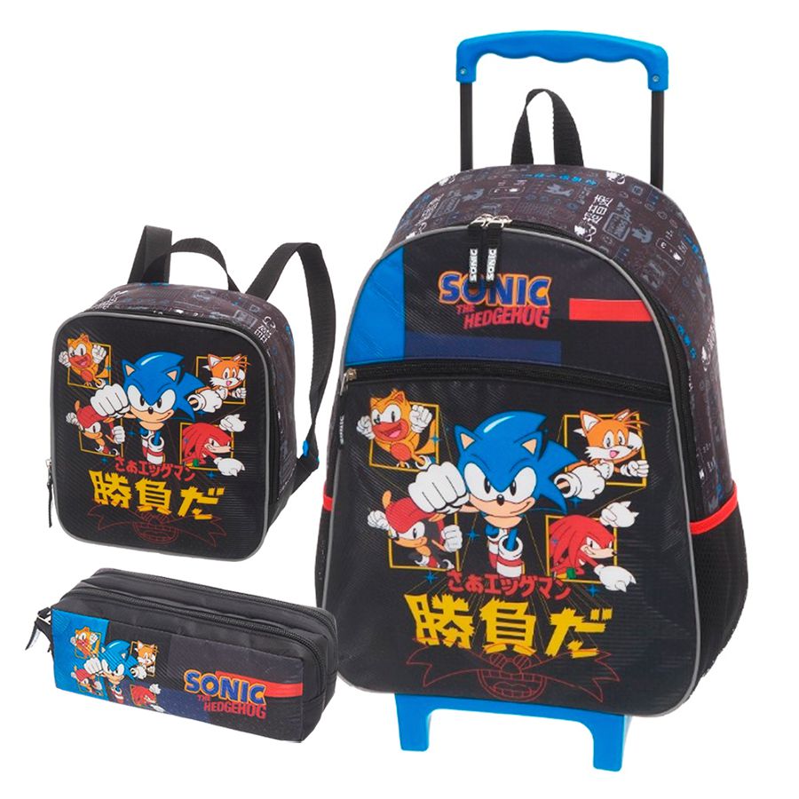 kit mochila de rodinhas Sonic jogo game infantil escolar meninos