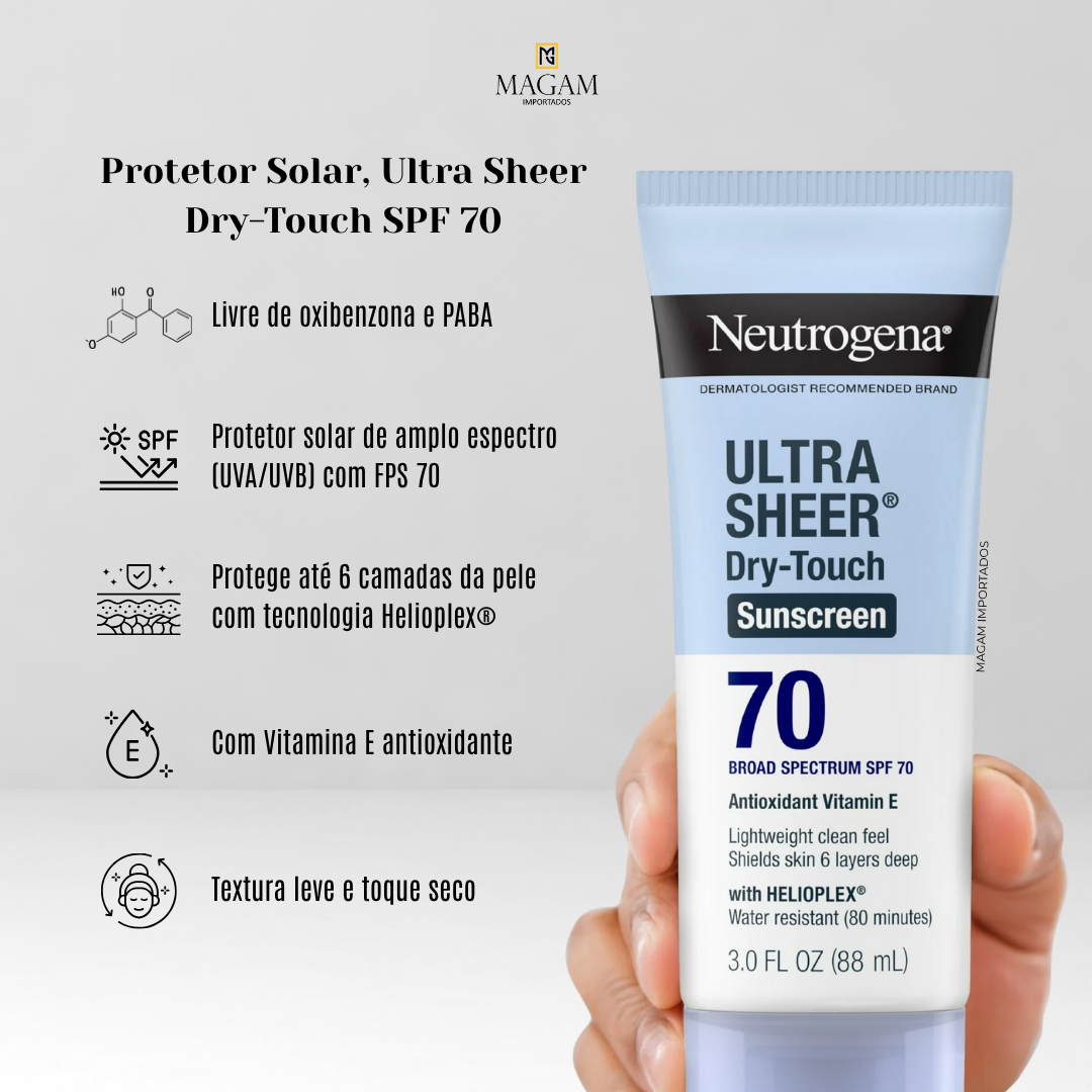Protetor Solar Toque Seco, Ultra Sheer, FPS 70, 88mL, Neutrogena - MAGAM