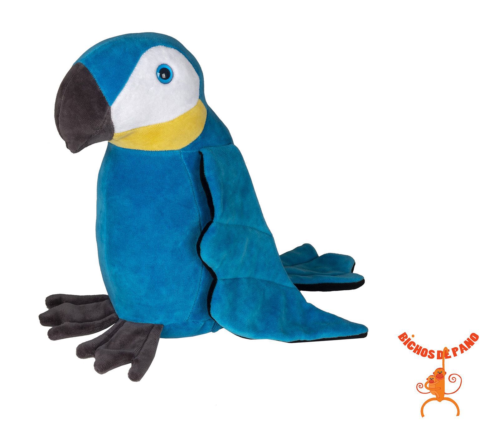 Um bicho de pelúcia azul e branco com uma faixa azul no peito.