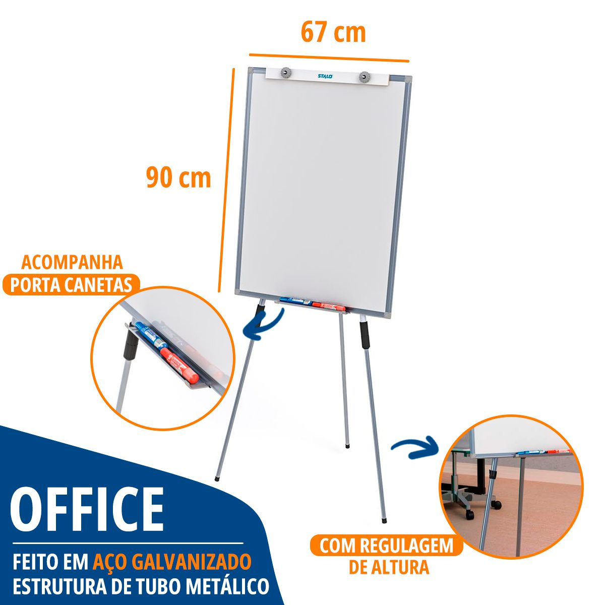 Cavalete Flip Chart 90x67cm Lousa Branca Magnético Office com Apagador