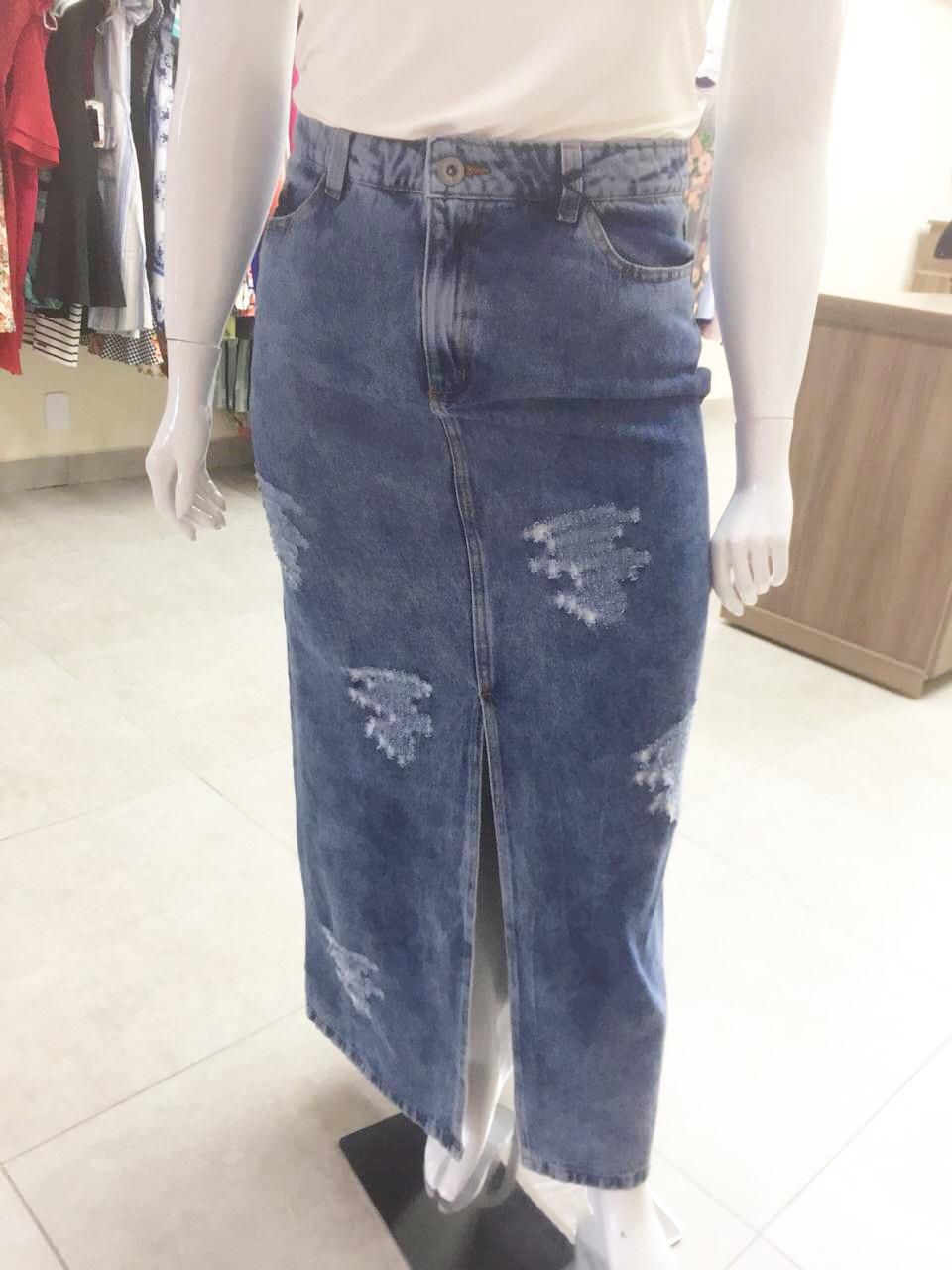 Saia Longa em Jeans Destroyed - Santo Luk Moda Evangélica e Moda Executiva
