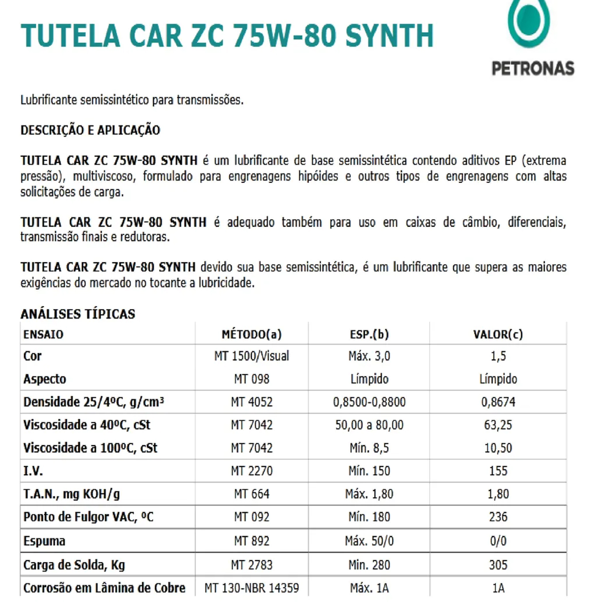 Óleo Fluido De Câmbio Manual Petronas Tutela ZC 75W80