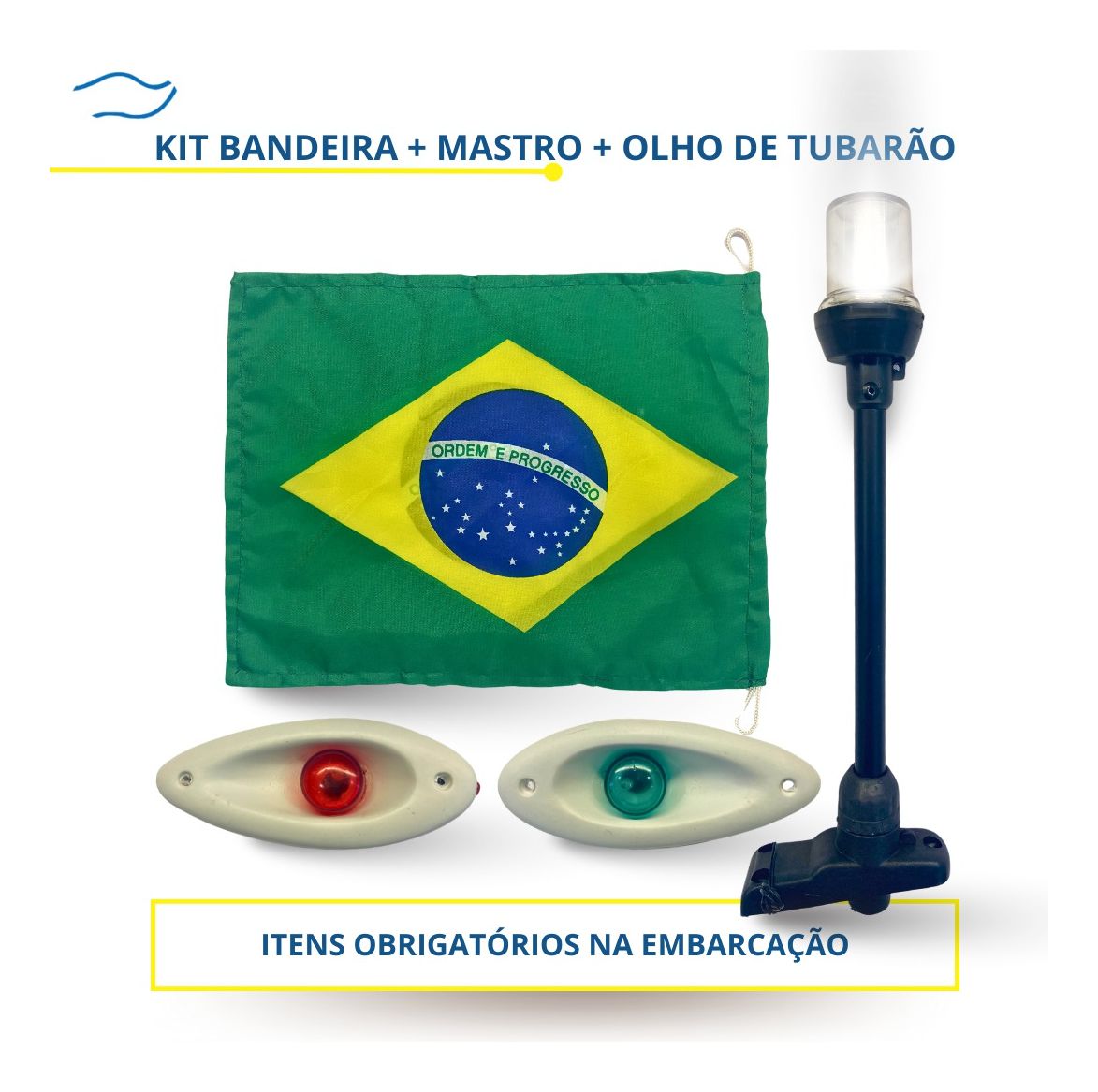Kit Olho De Tubarão Led Branco Mastro Preto C/ Bandeira 33cm - Produtos  Náuticos Brasil, image size:1173x1167