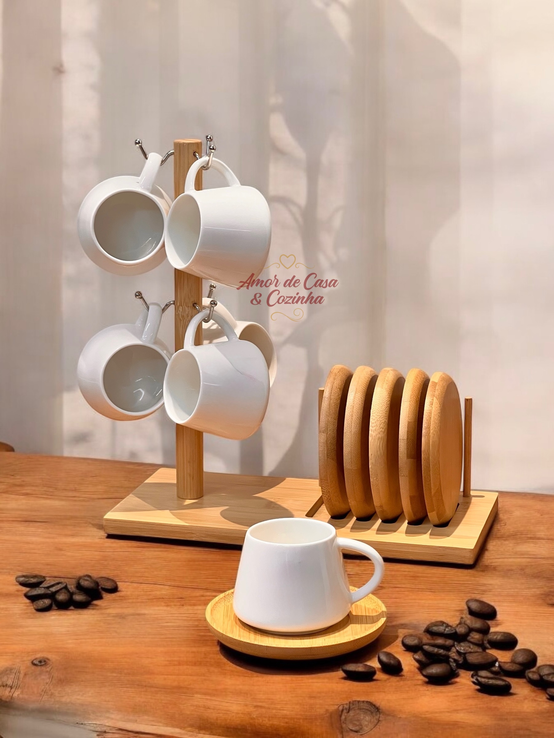 CONJUNTO 6 XÍCARAS DE CAFÉ COM SUPORTE DE BAMBU GRANFINE 90ML - A
