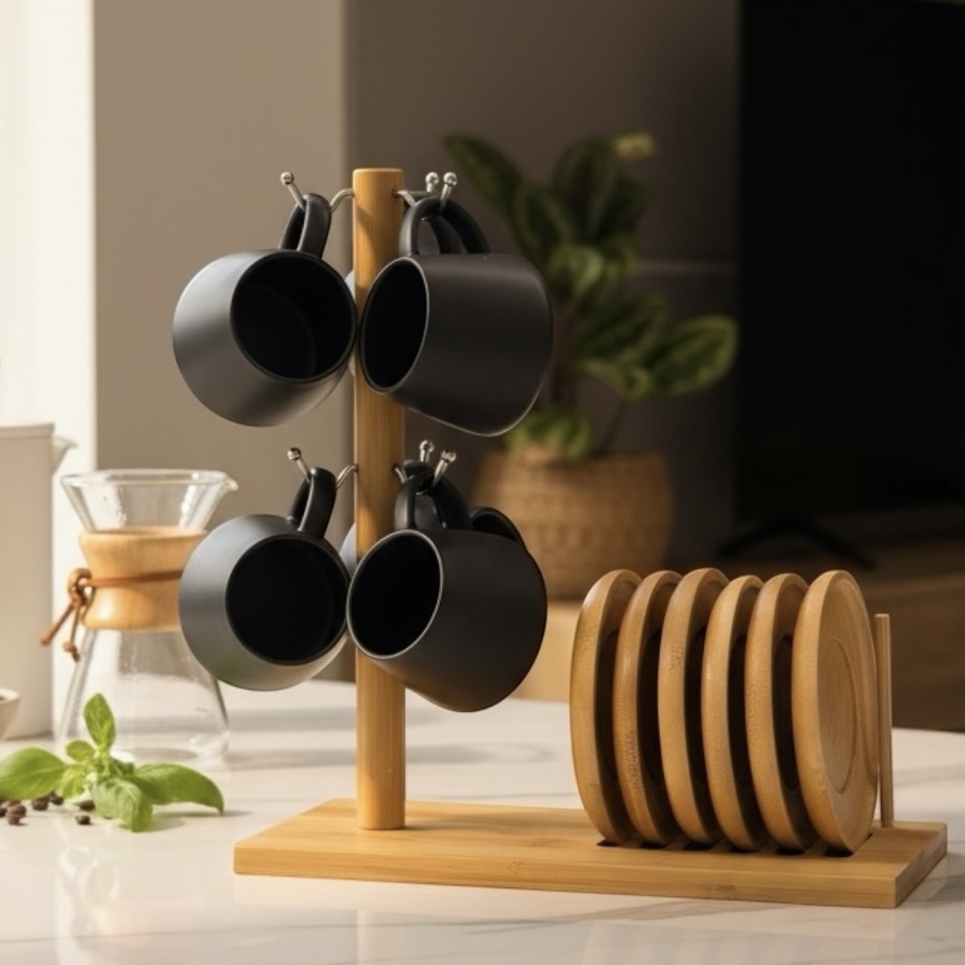 CONJUNTO 6 XÍCARAS PRETA DE CAFÉ COM SUPORTE DE BAMBU GRANFINE