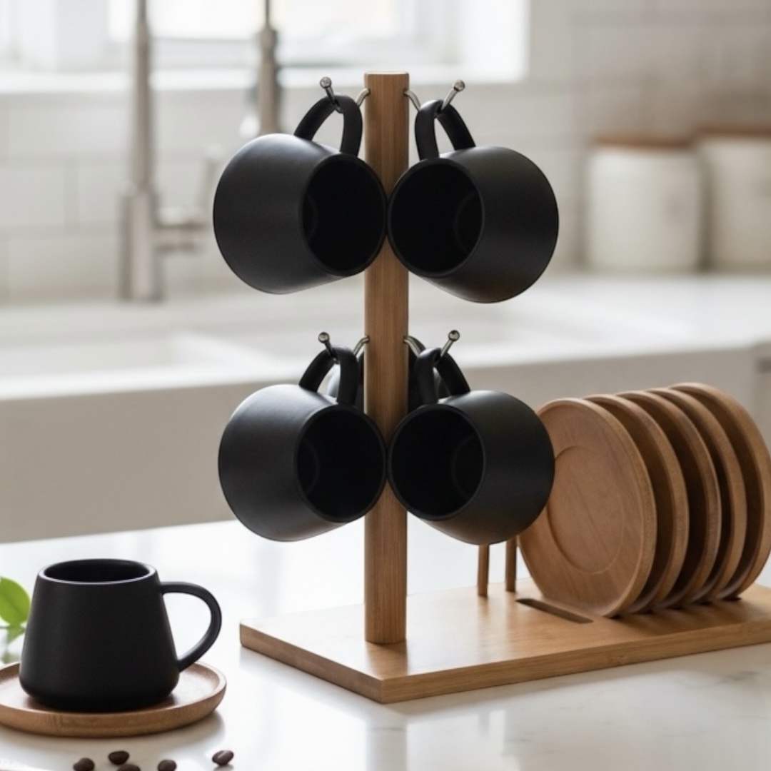 CONJUNTO 6 XÍCARAS PRETA DE CAFÉ COM SUPORTE DE BAMBU GRANFINE