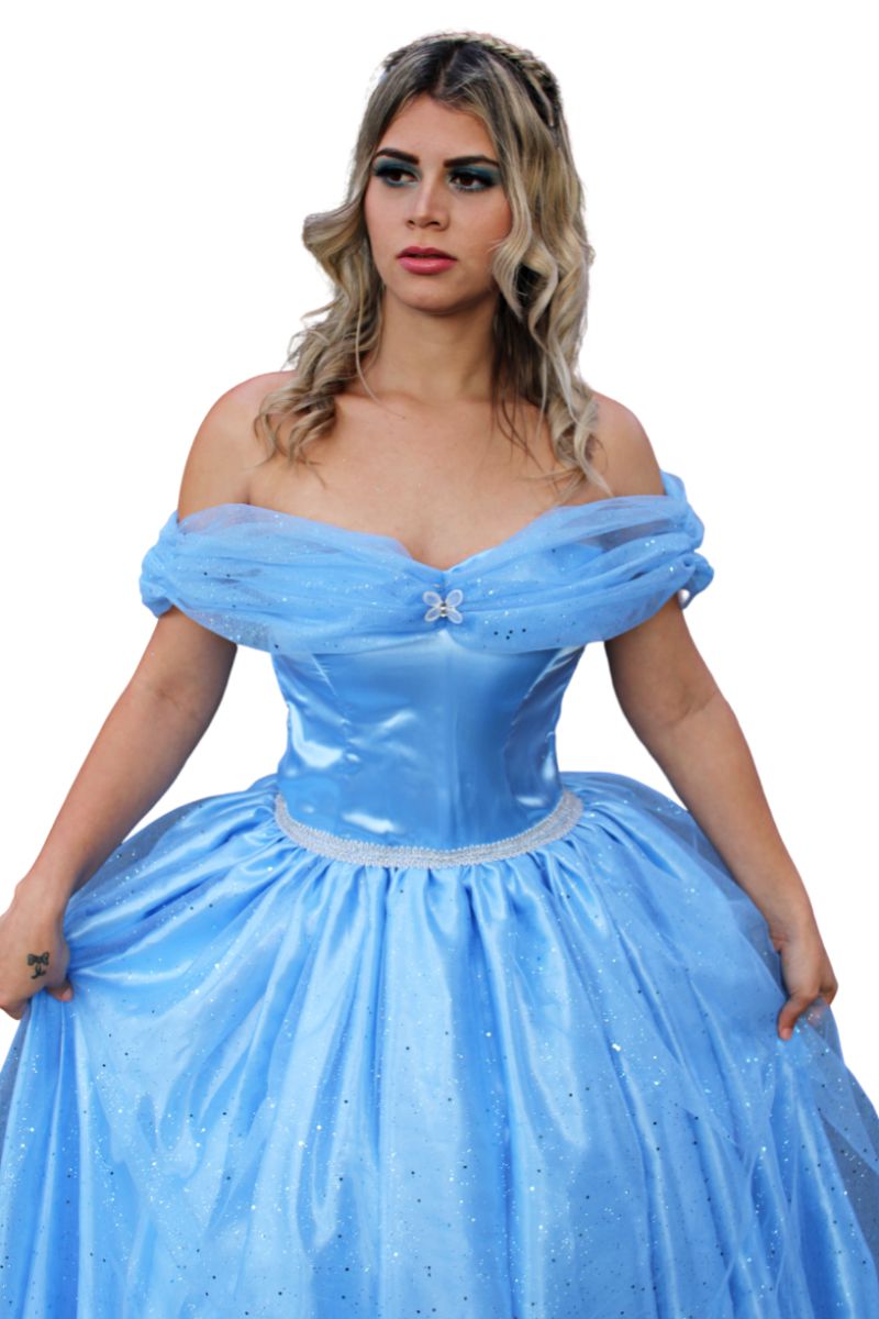 Vestido Cinderela Azul Longo Fantasia Princesa Cinderela