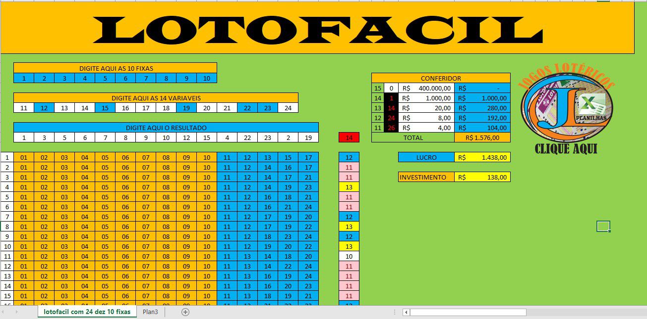 Planilha Lotofácil 20 dezenas com 6 fixas - Garantia de 14 pontos - 69 Jogos  - Lotocerta