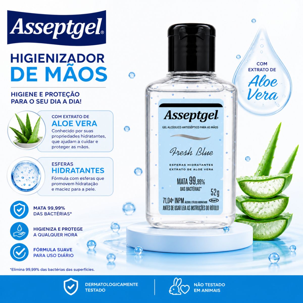 Gel Antisséptico Fresh Blue e Aloe Vera 52g Asseptgel Start - Casa