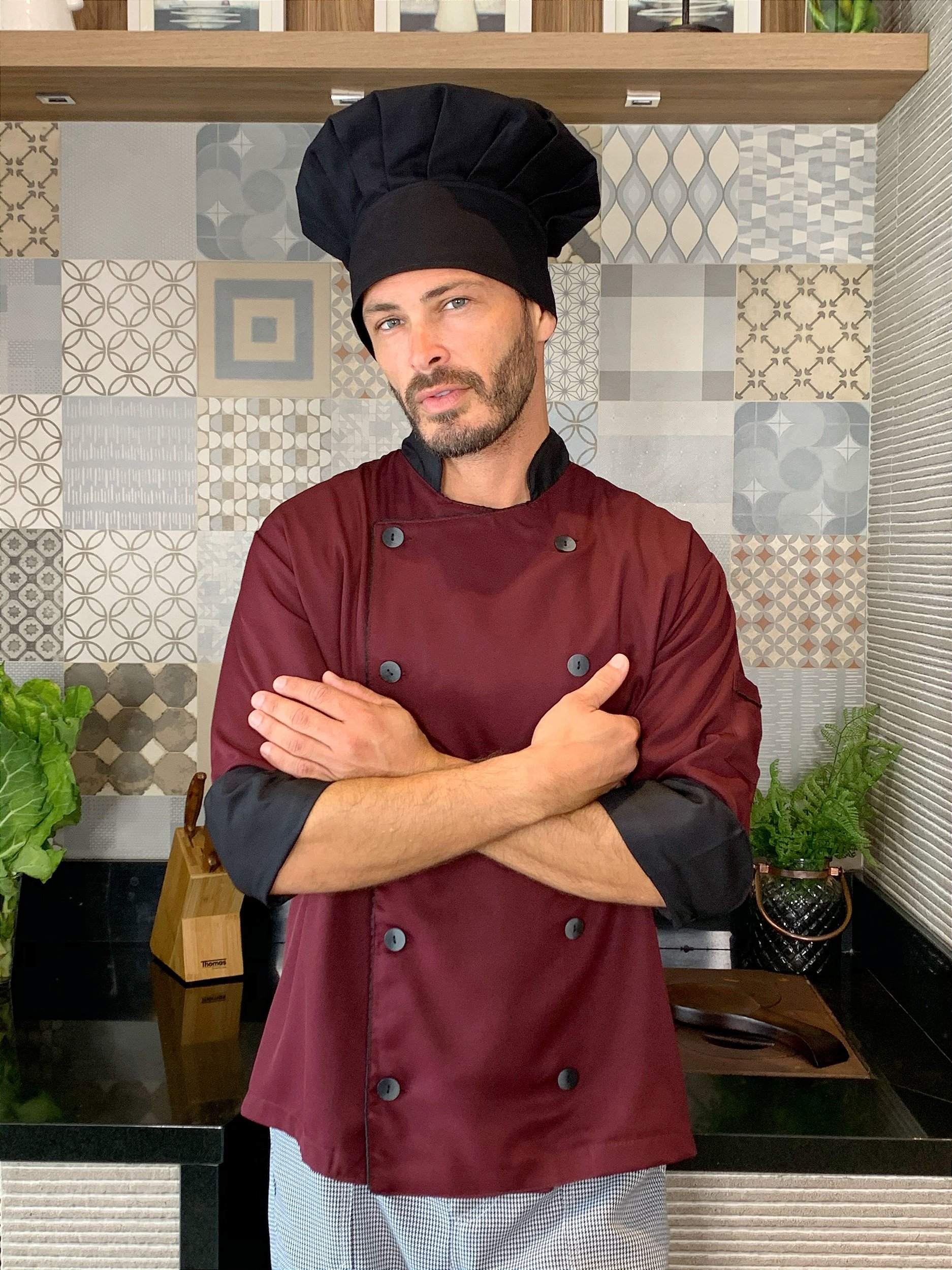 Camisa Chefe Cozinha - Dolmãn Stilus Bordô - Uniblu - www.uniblu.com.br