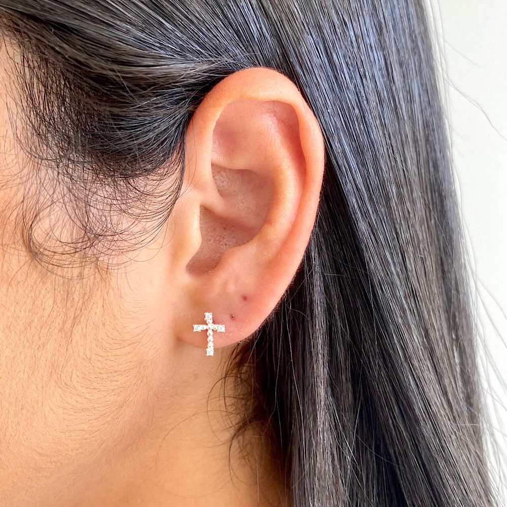 Brinco De Prata Piercing Corrente Orelha Cruz 925 Tendencia