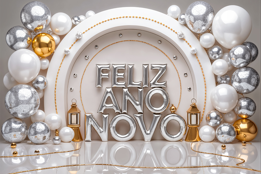 Painel de Festa em Tecido Sublimado Feliz Ano Novo Prata e Dourado ...