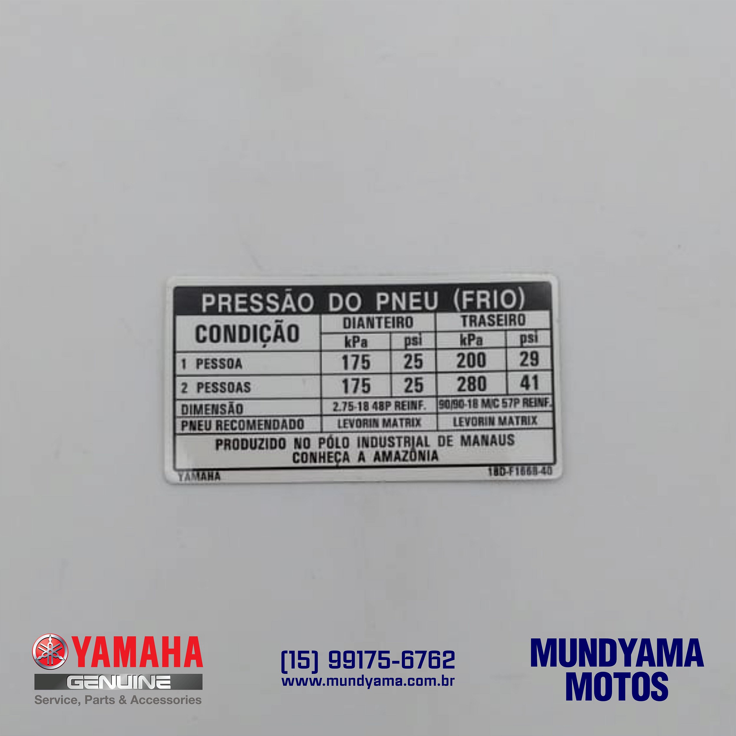 Etiqueta de Pressão do Pneu (14) - YBR FACTOR 125 (Original Yamaha) -  Mundyama Yamaha