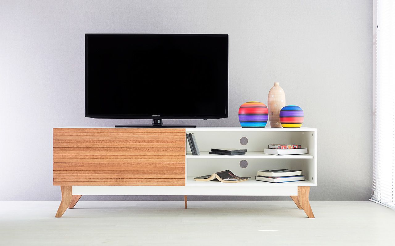 Rack TV Vintage 1,6m Branco Porta De Correr Ripada Jatobá Woodinn