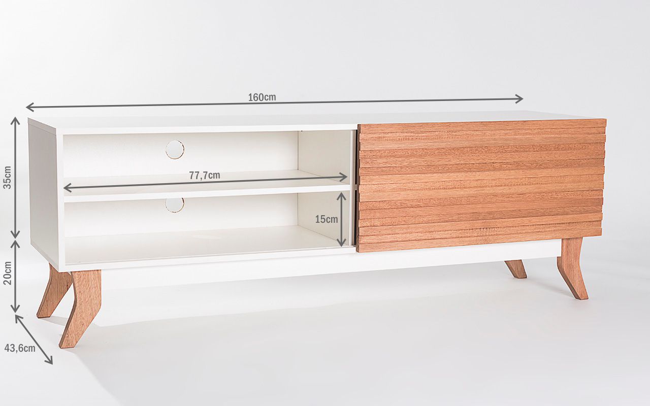 Rack TV Vintage 1,6m Branco Porta De Correr Ripada Jatobá Woodinn