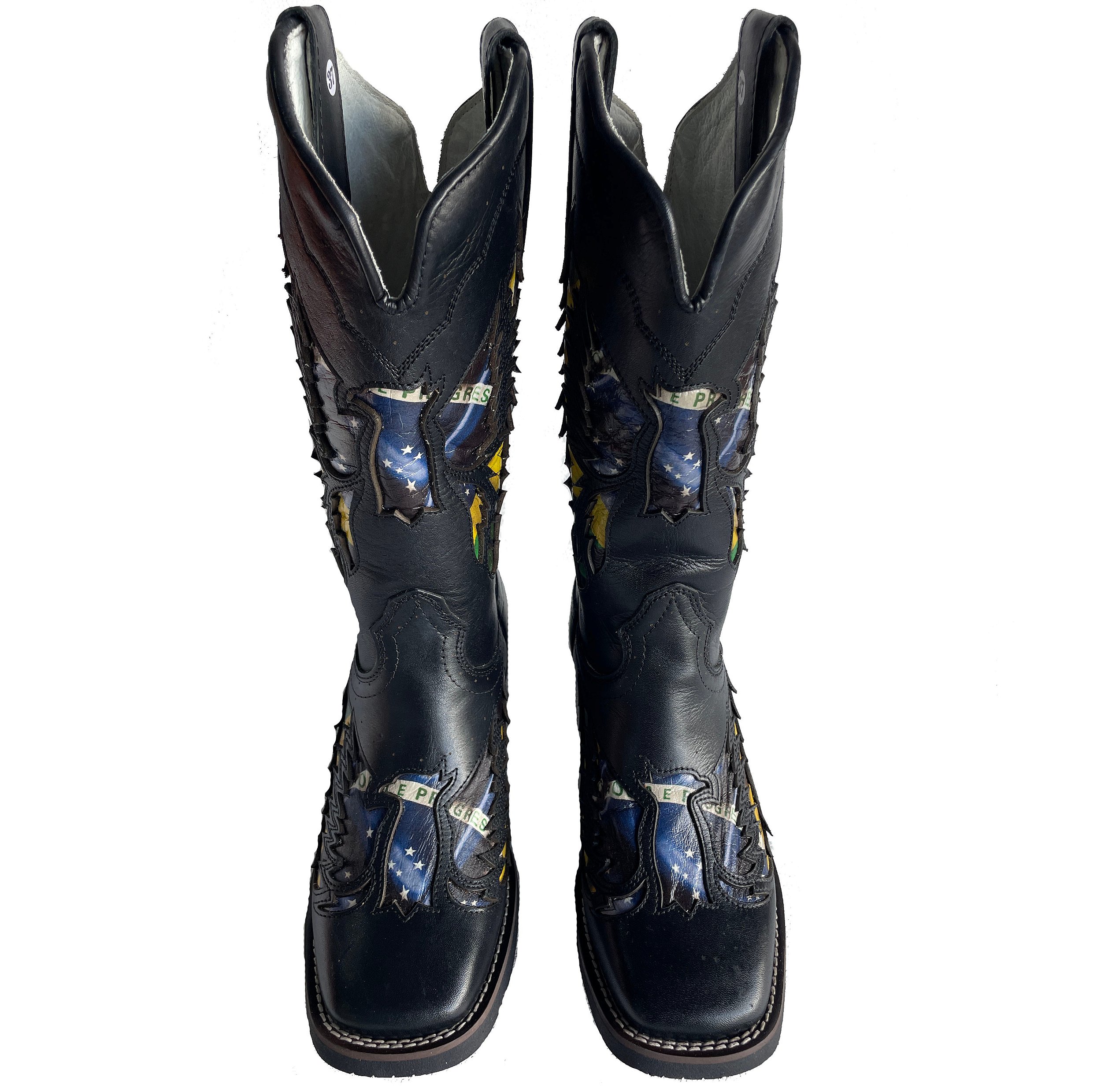 Quadr Bota Texana Feminina Bandeira Brasil Couro Preto Sola Preta Bico Quadr ...
