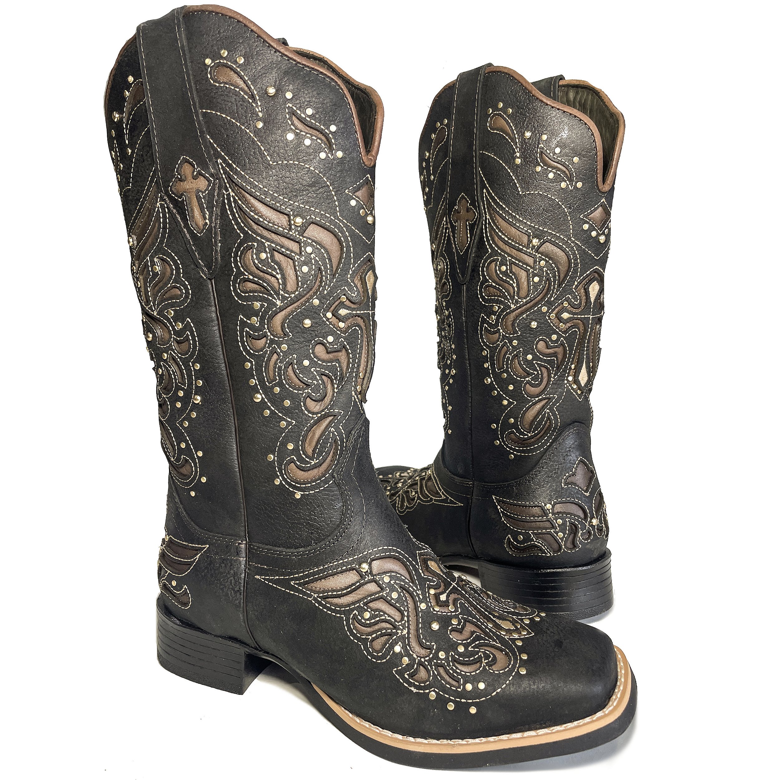Bota Texana Feminina Laser Fundo Havana Strass Sola Preta Bico
