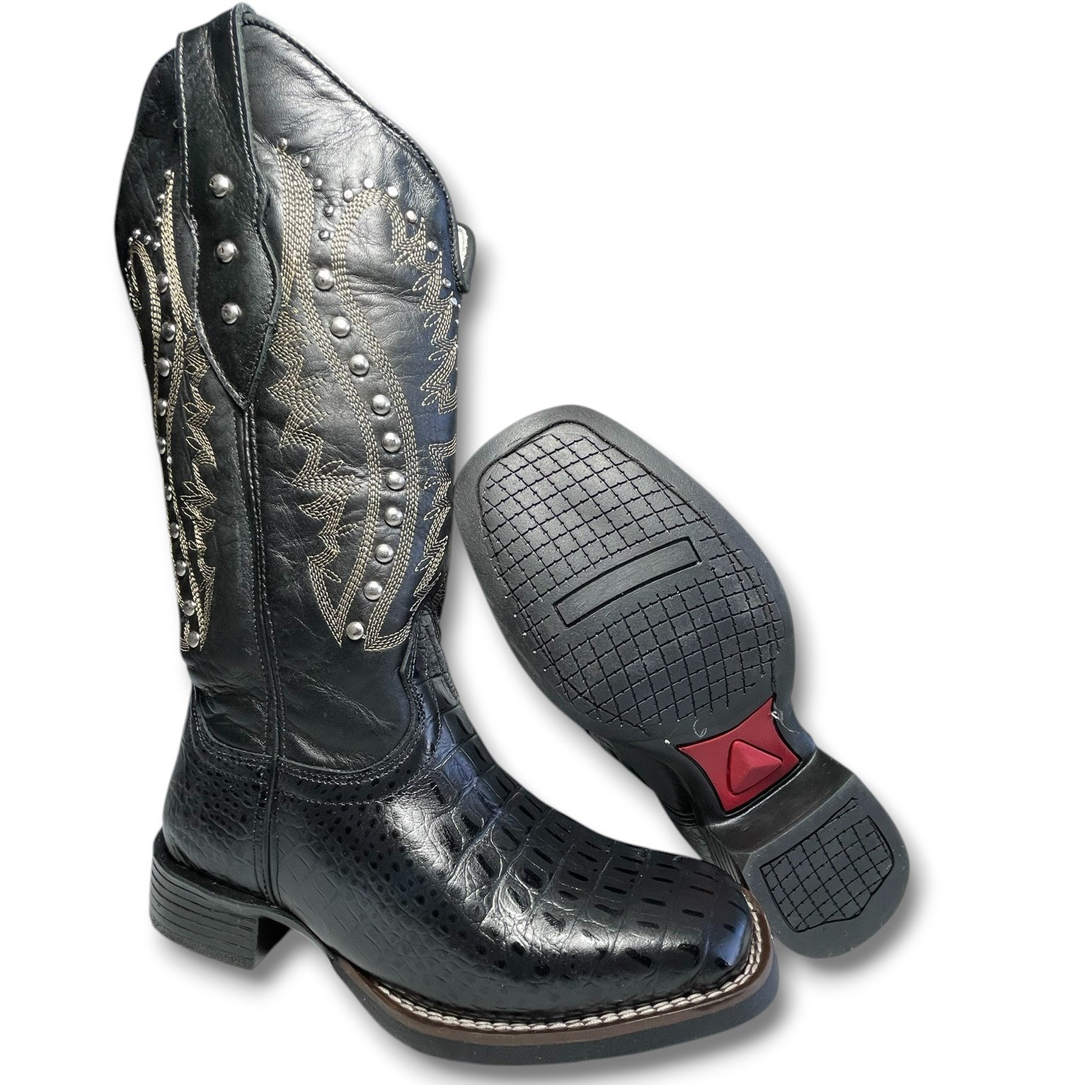 Quadrad Bota Texana Feminina TS Estampa Jacaré Preto Laser Strass Bico Quadrad ...