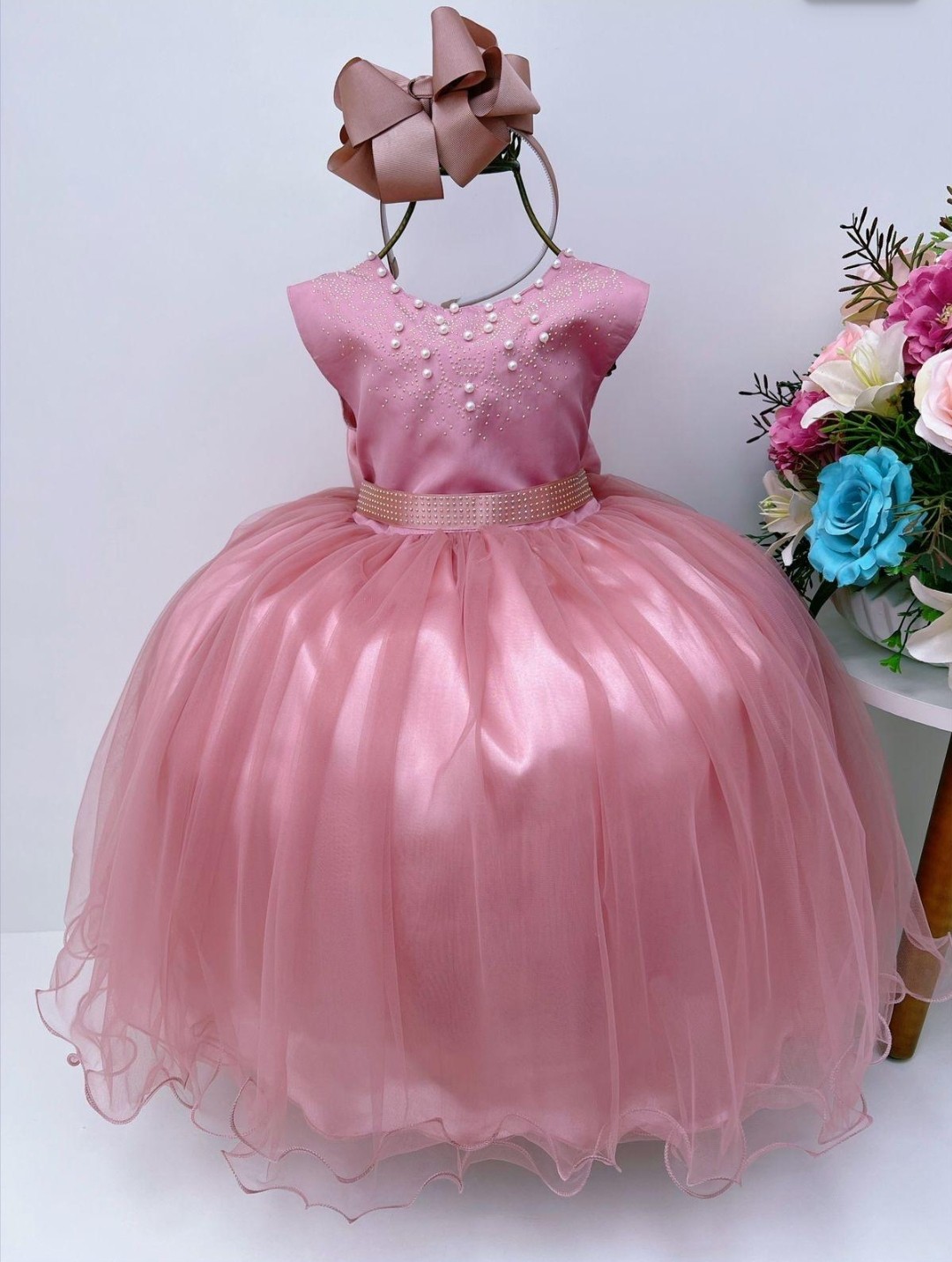 Vestido Infantil Rose C/ Strass Pérolas Damas Princesas Luxo - JURLENE