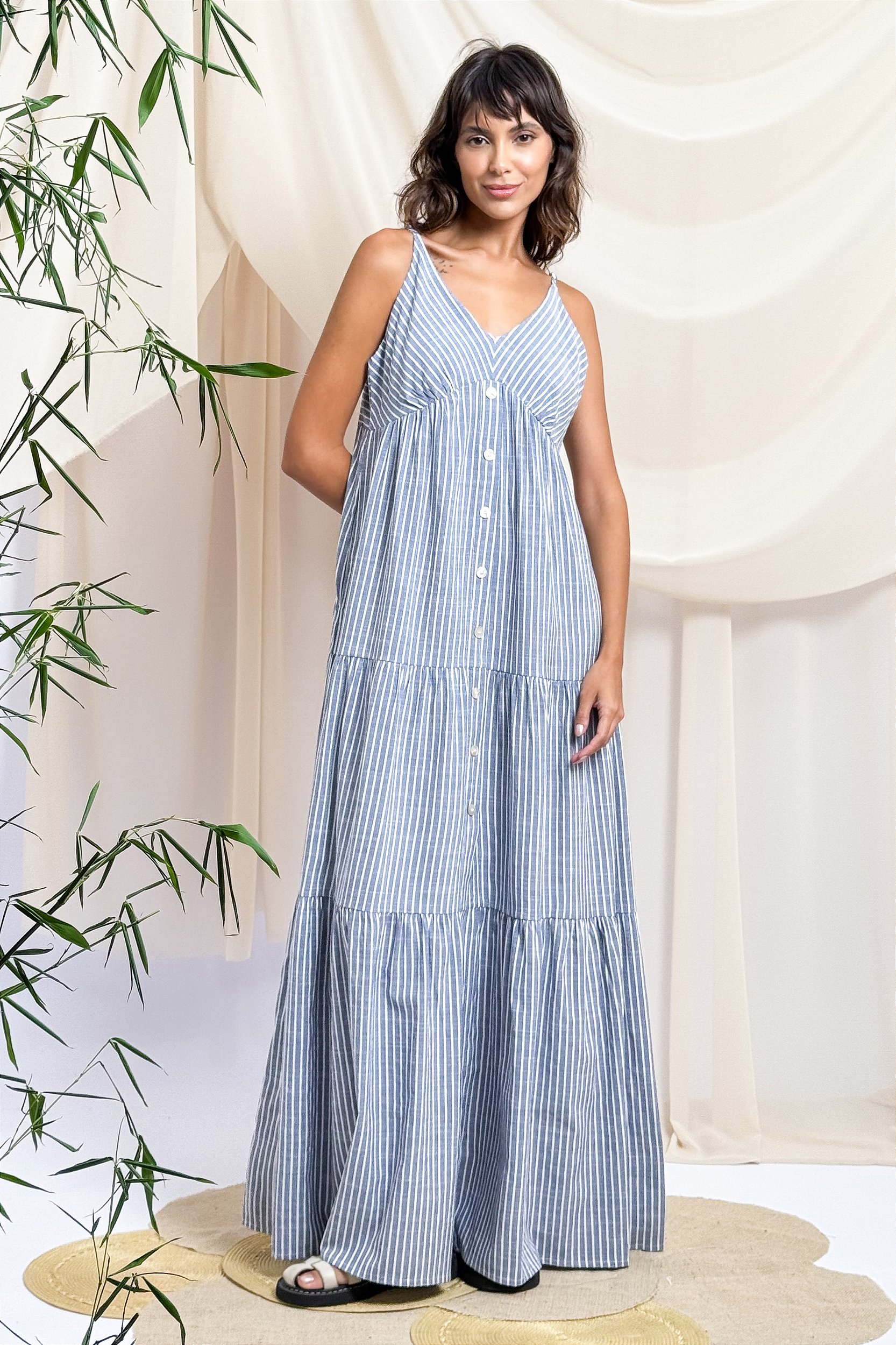 Hot vestido listrado de botao Outlet Online Black Friday