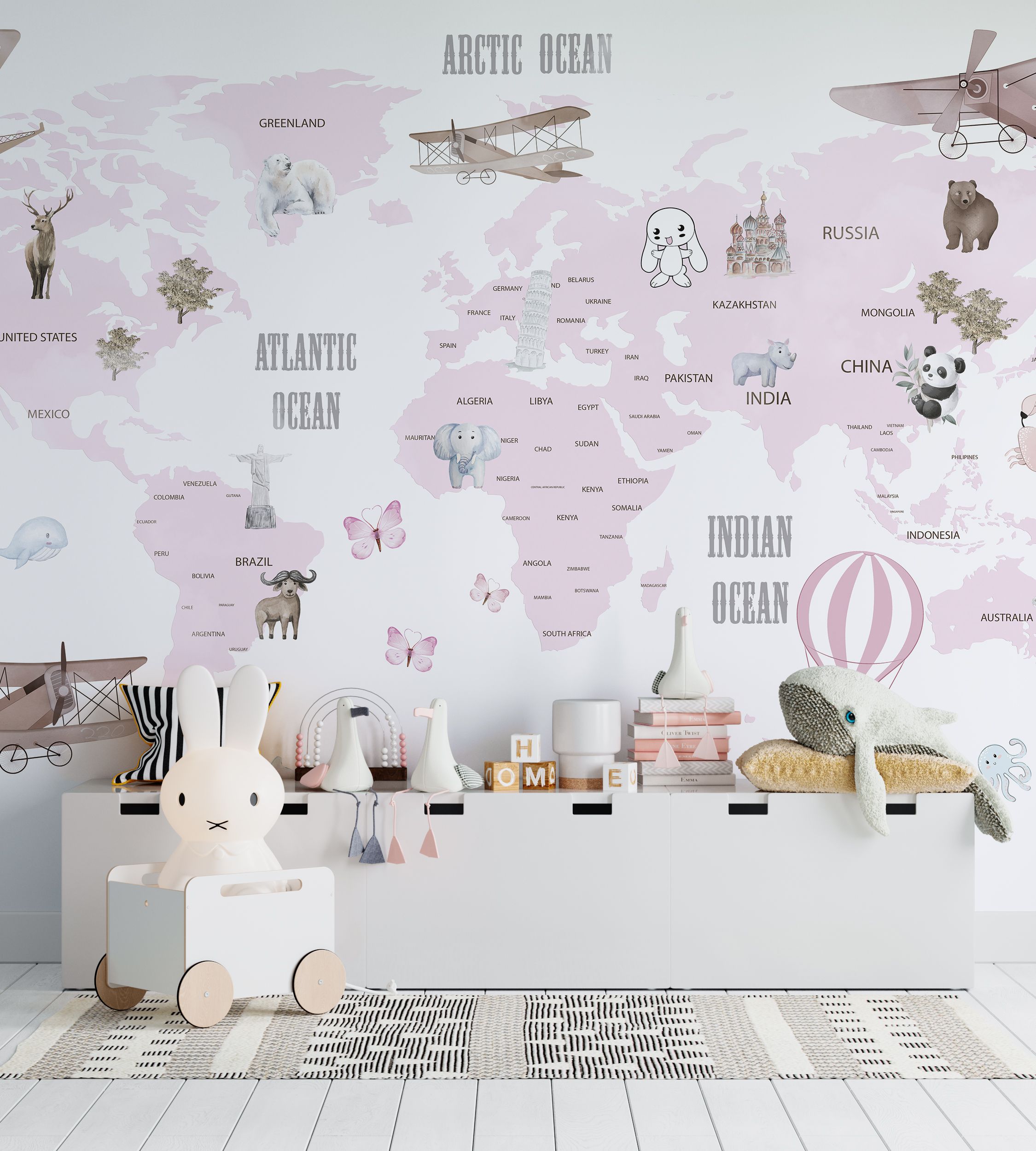 Papel De Parede Mapa Infantil Rosa Avião Balão Painel G1186