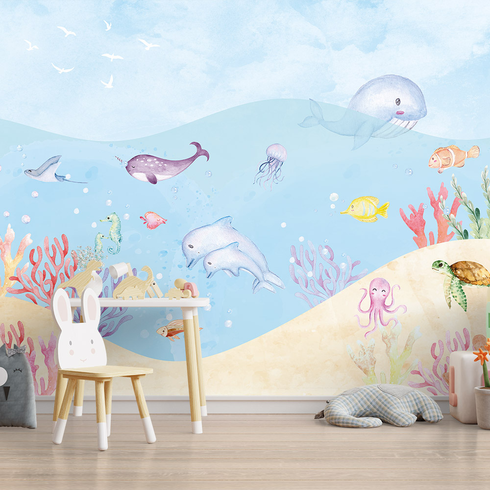 Papel de Parede Infantil Fundo do Mar Colorido - Alô Papers