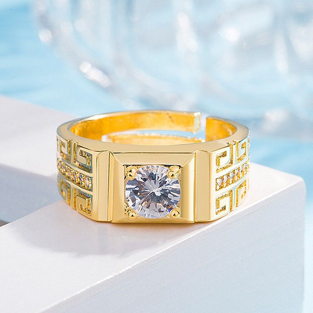 Anel Masculino Banhado a Ouro 18K Ajustável com Pedra Zircônia Pedraria ...