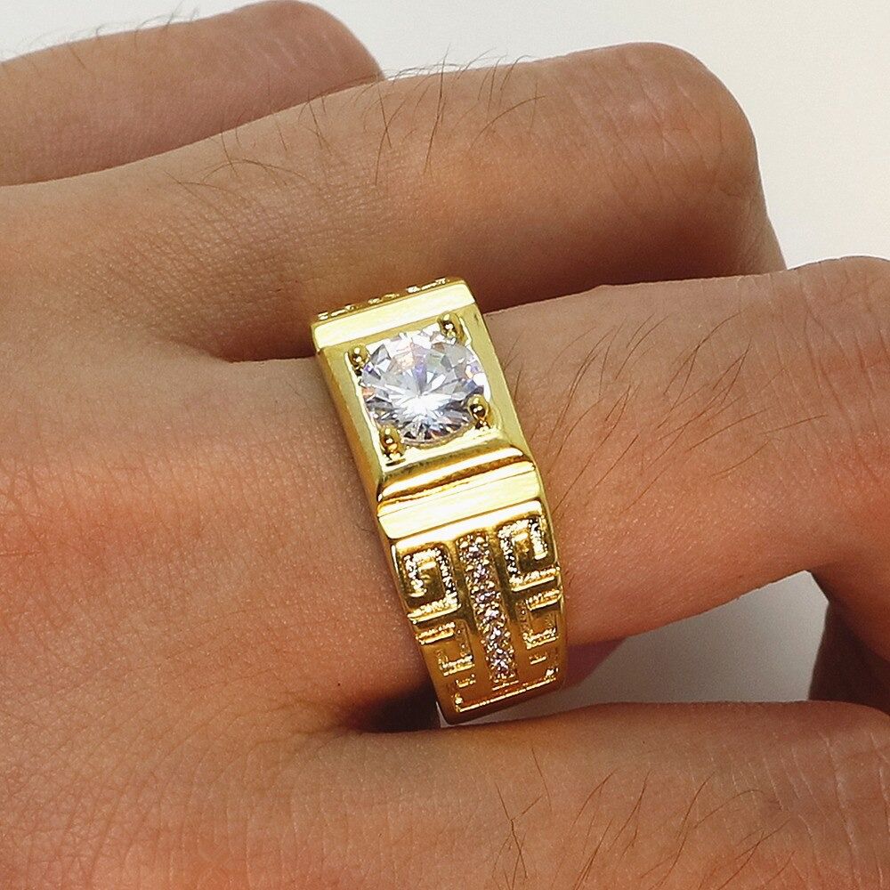 Anel Masculino Banhado a Ouro 18K Ajustável com Pedra Zircônia Pedraria ...