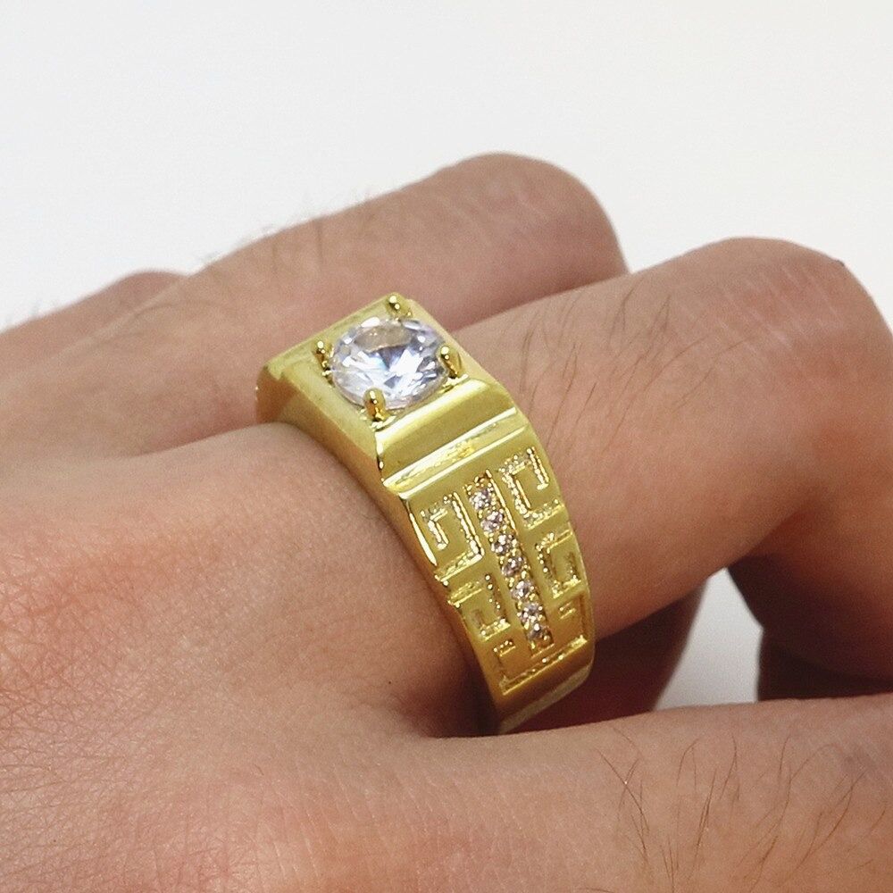 Anel Masculino Banhado a Ouro 18K Ajustável com Pedra Zircônia Pedraria ...